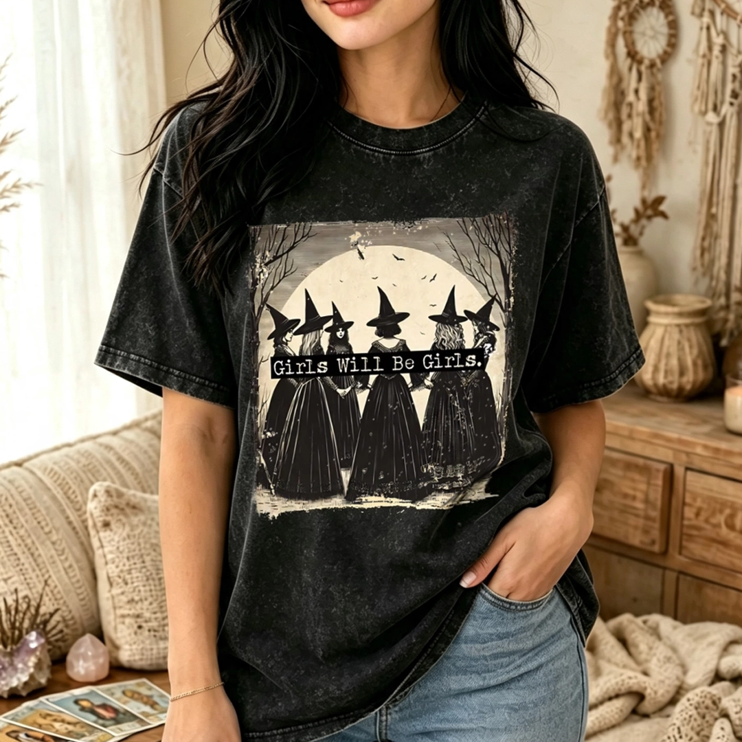 Moonnora Vintage Girls Will Be Girls Witch Halloween Tarot Card On Comfort Colors Washed T-Shirt