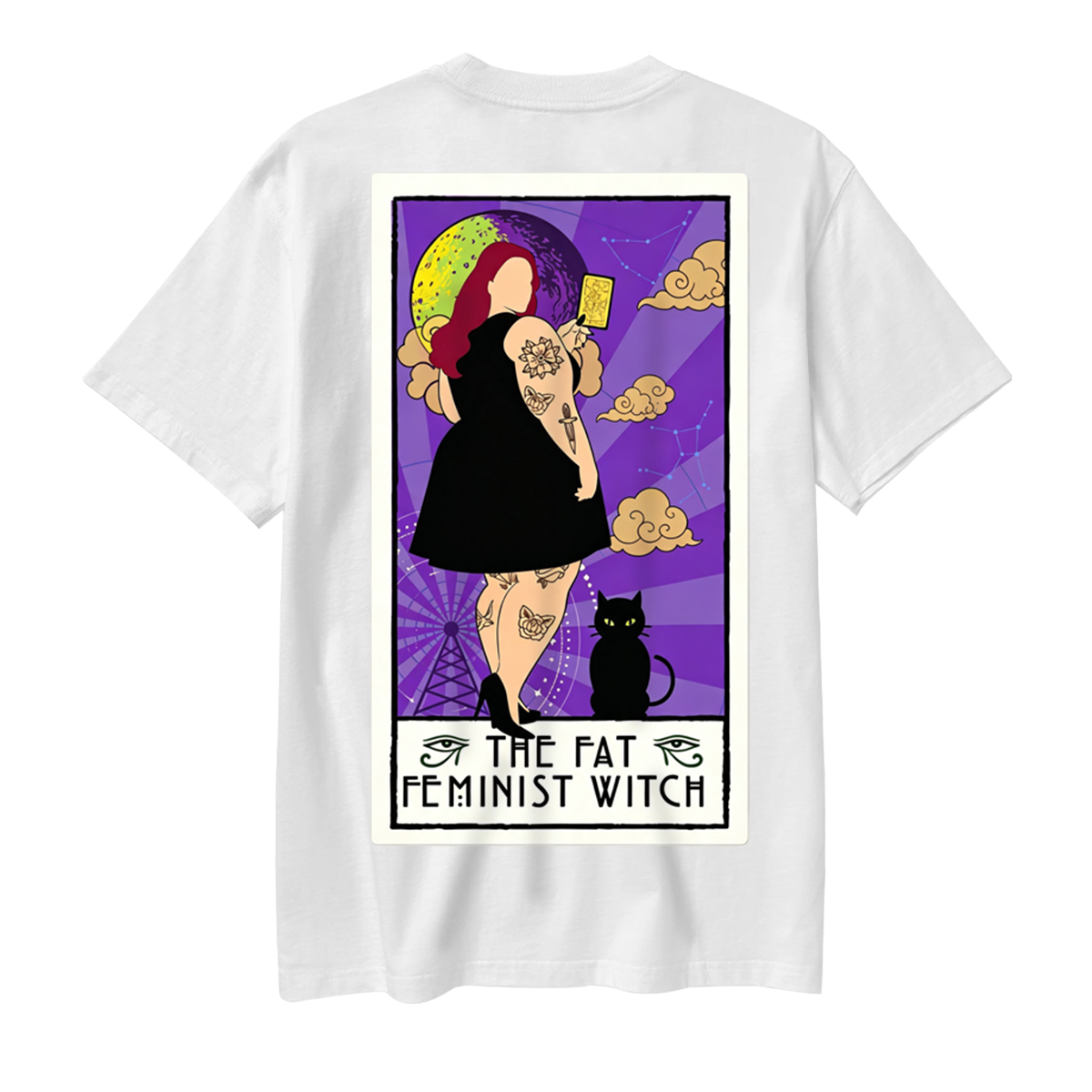 Moonnora Fat Feminist Witch Back Tarot Card On Comfort Colors Washed T-Shirt