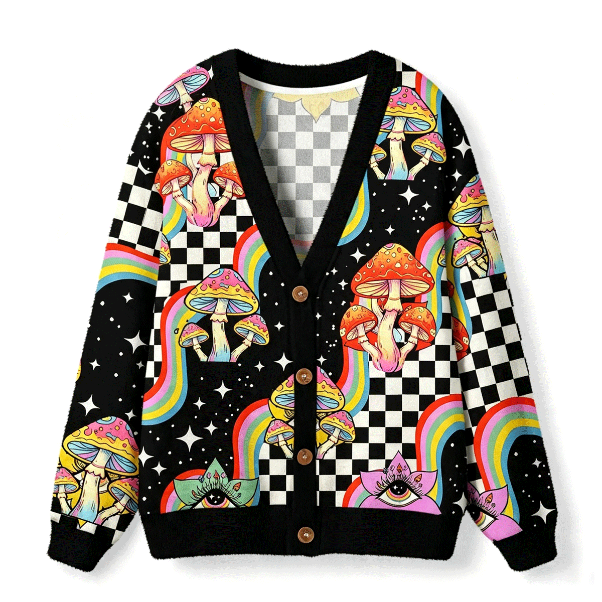 Trippy Rainbow Mushrooms All-Over Print Cardigan Sweaters
