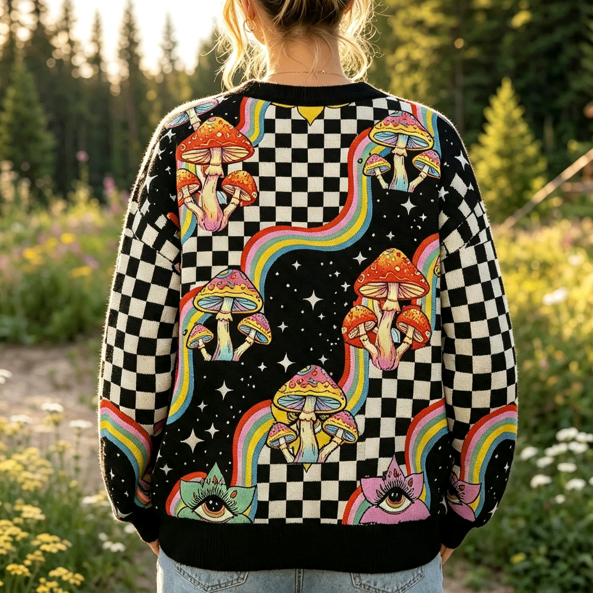 Trippy Rainbow Mushrooms All-Over Print Cardigan Sweaters