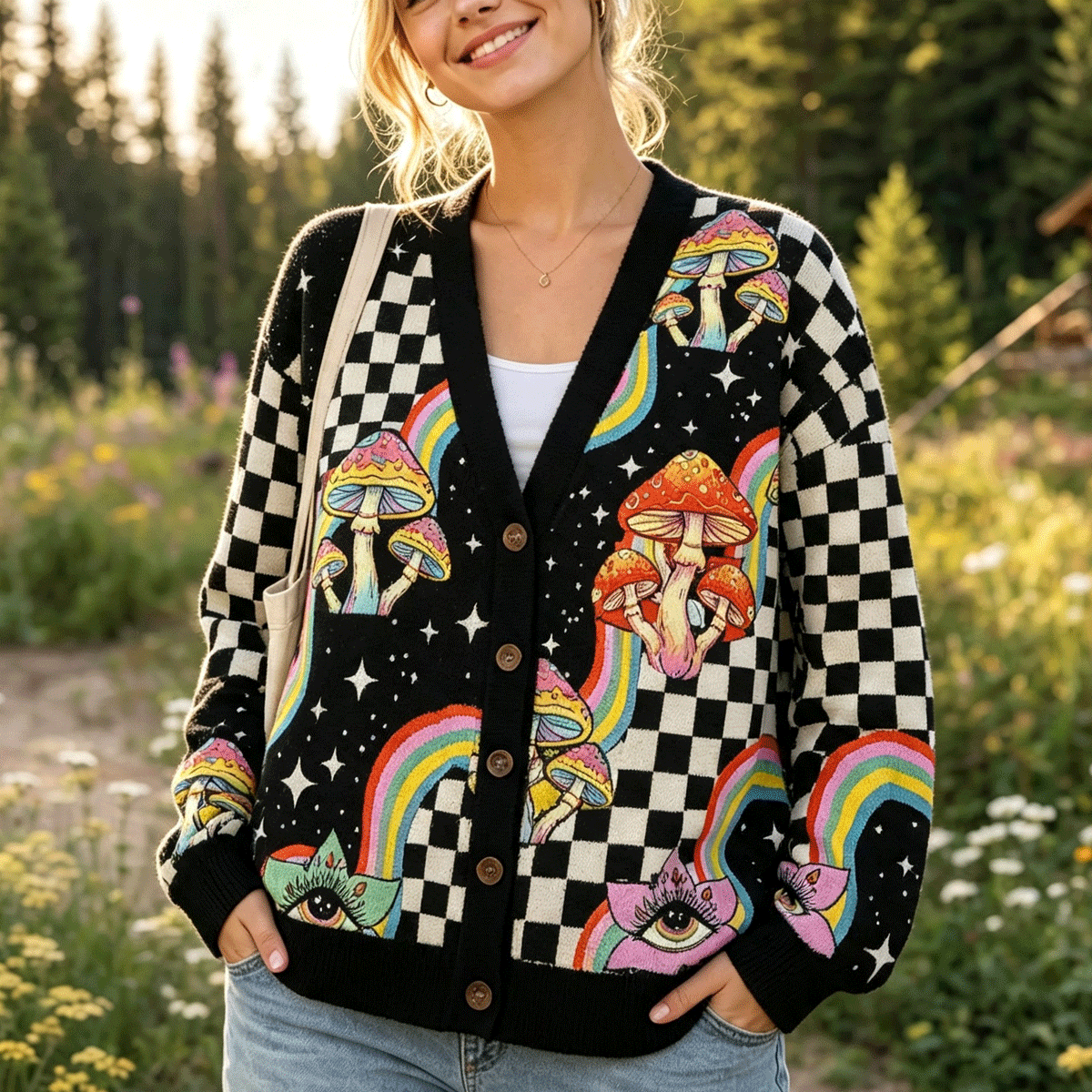 Trippy Rainbow Mushrooms All-Over Print Cardigan Sweaters