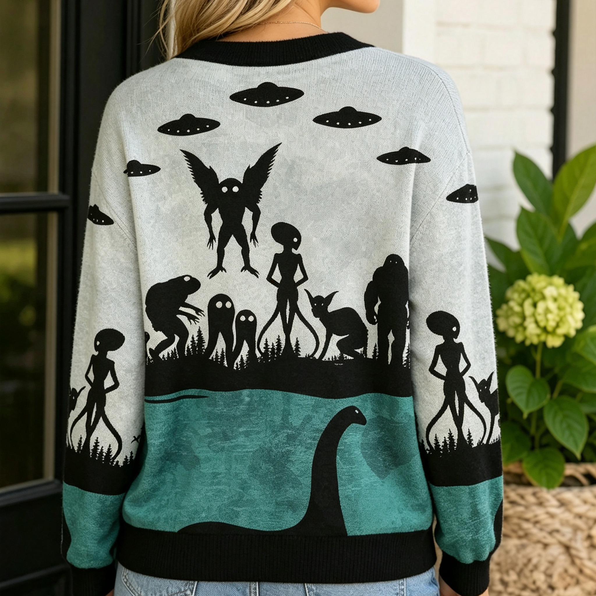 Moonnora Alien Lake Monster Encounter All-Over Print Cardigan Sweaters