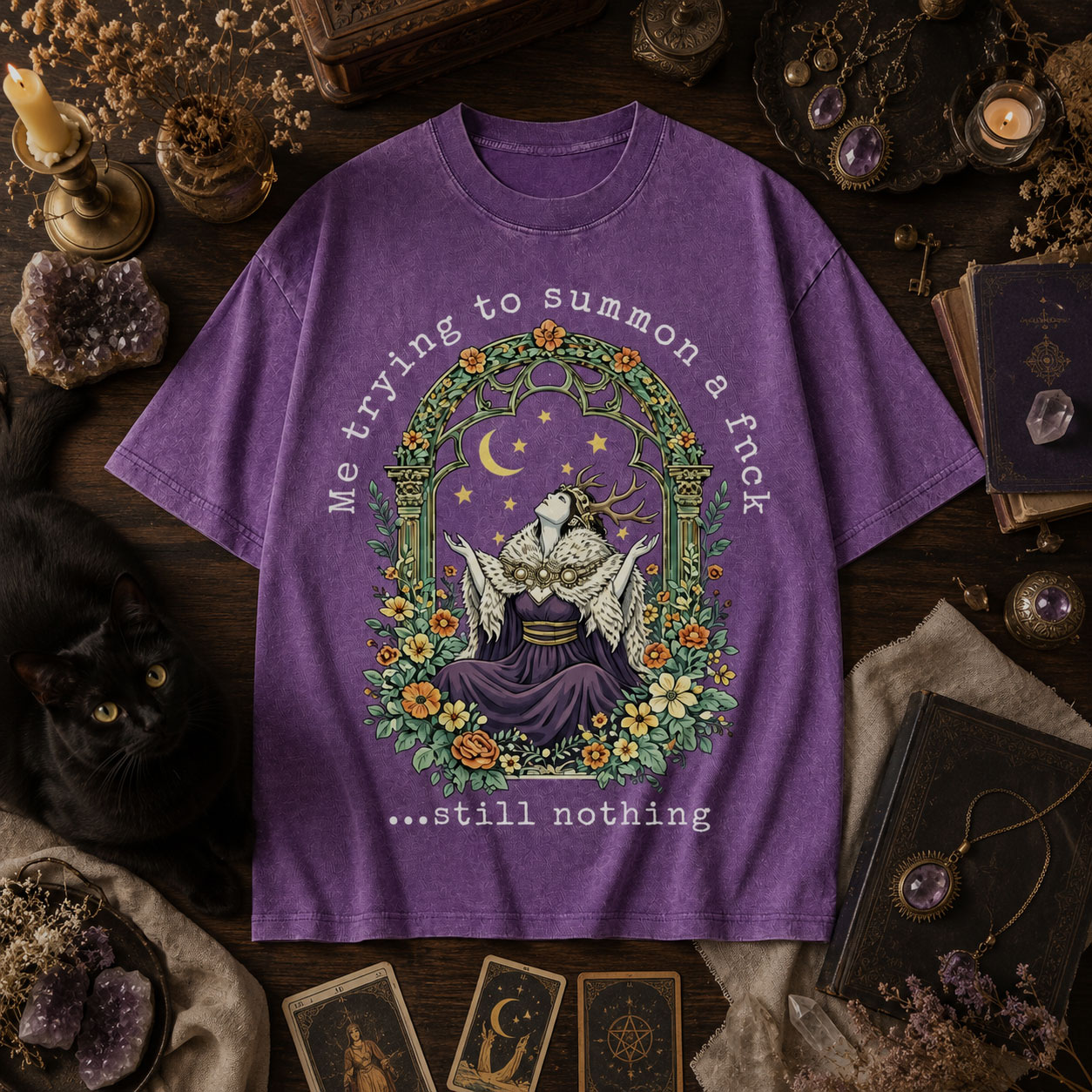 Moonnora Sarcastic Witchy Goddess Mental Health Tarot Card On Comfort Colors Washed T-Shirt
