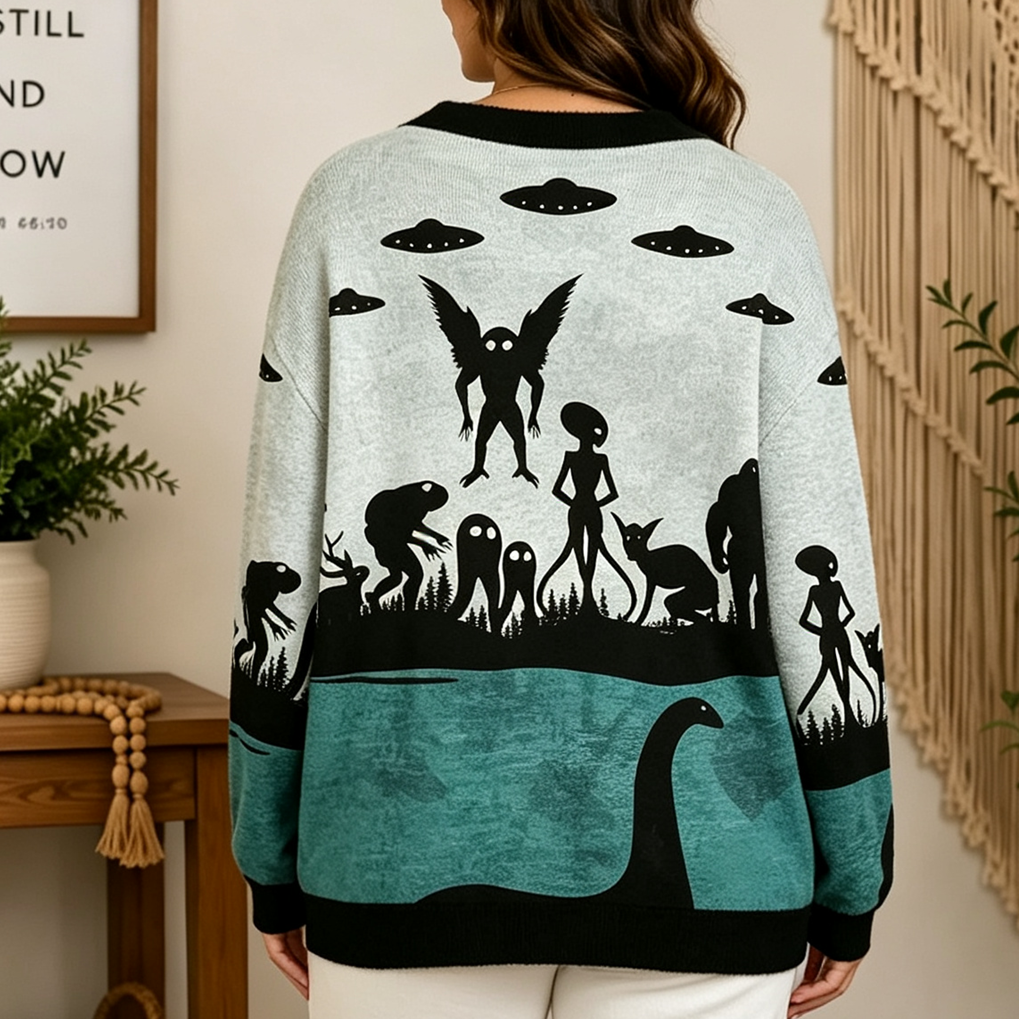Moonnora Alien Lake Monster Encounter All-Over Print Cardigan Sweaters