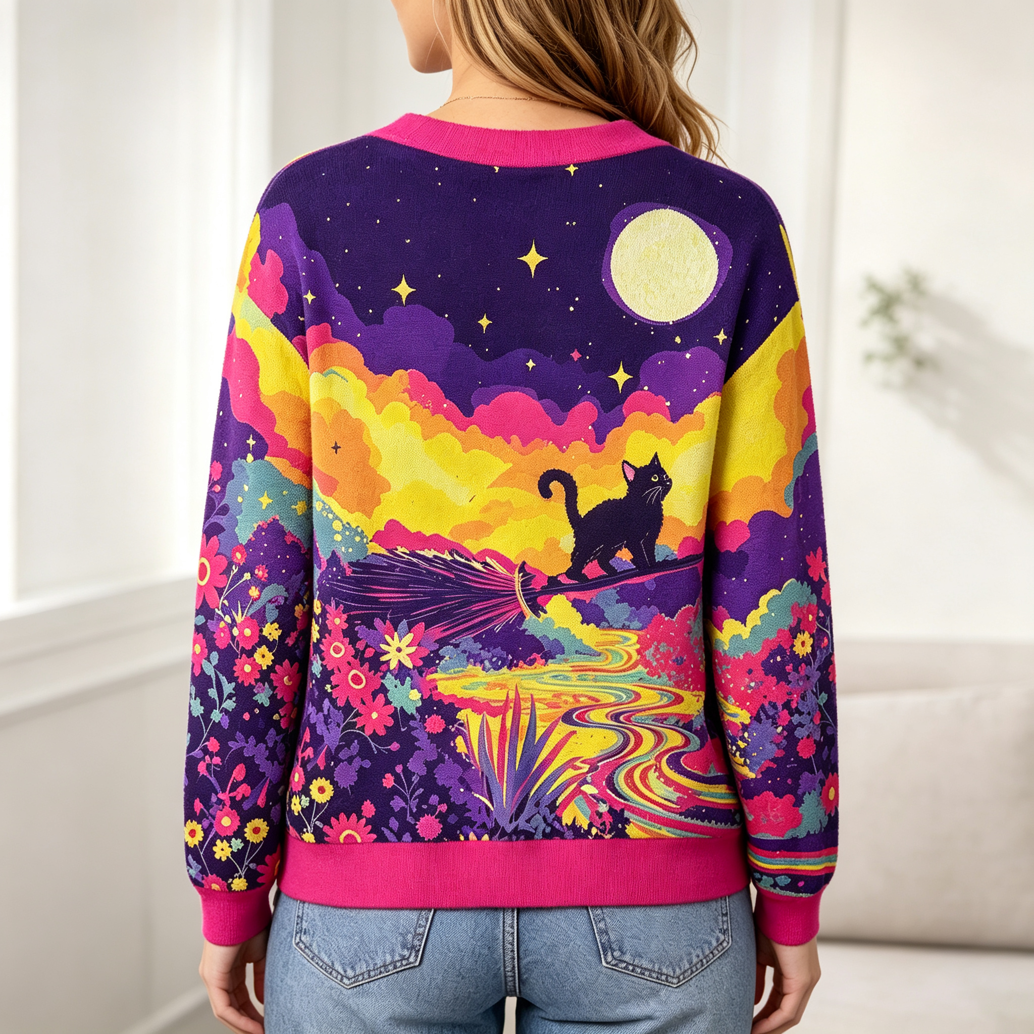 Moonnora Midnight Cosmic Cat Fantasy All-Over Print Cardigan Sweaters