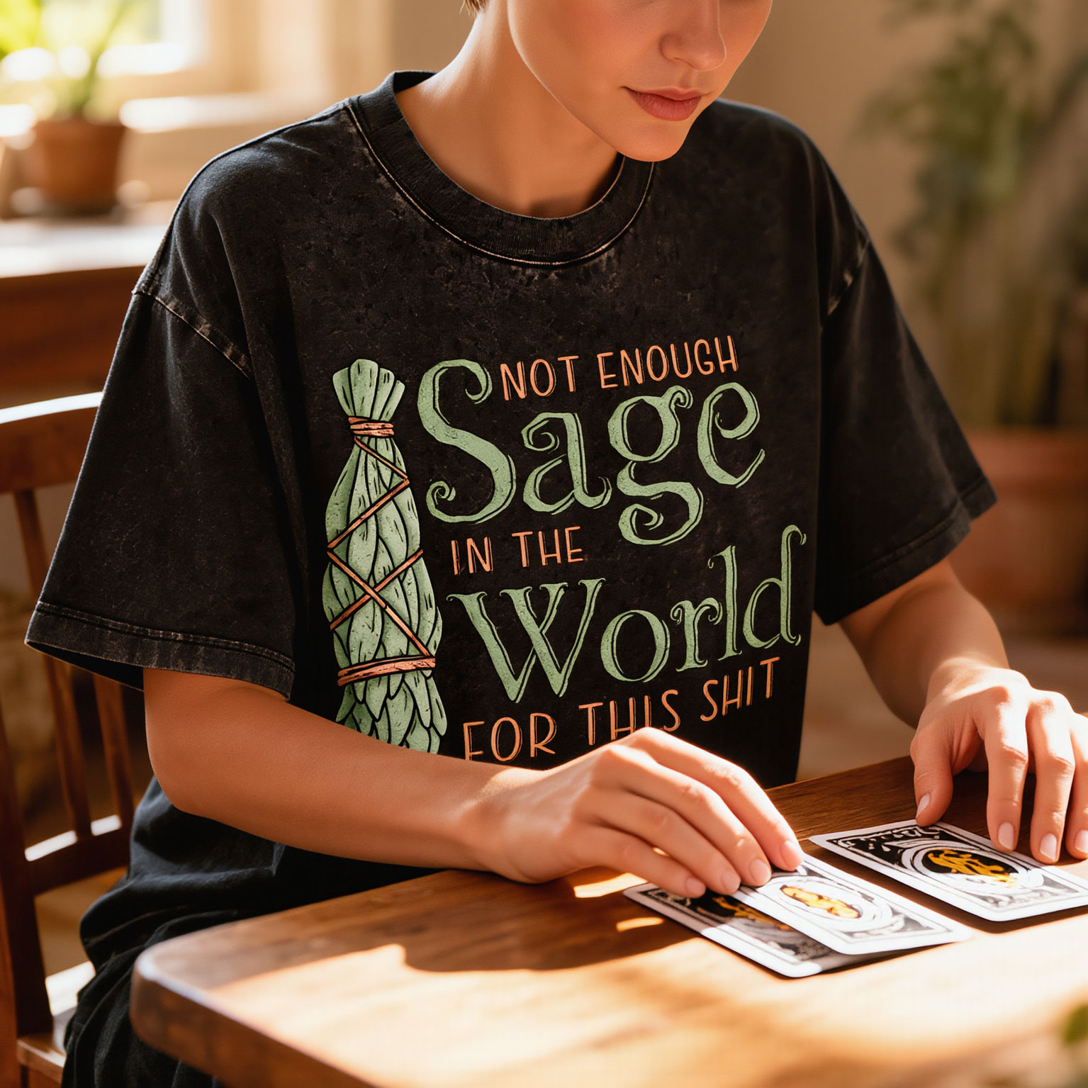 Moonnora Not Enough Sage In The World Funny Spiritual Graphic Tarot Card On Comfort Colors Washed T-Shirt