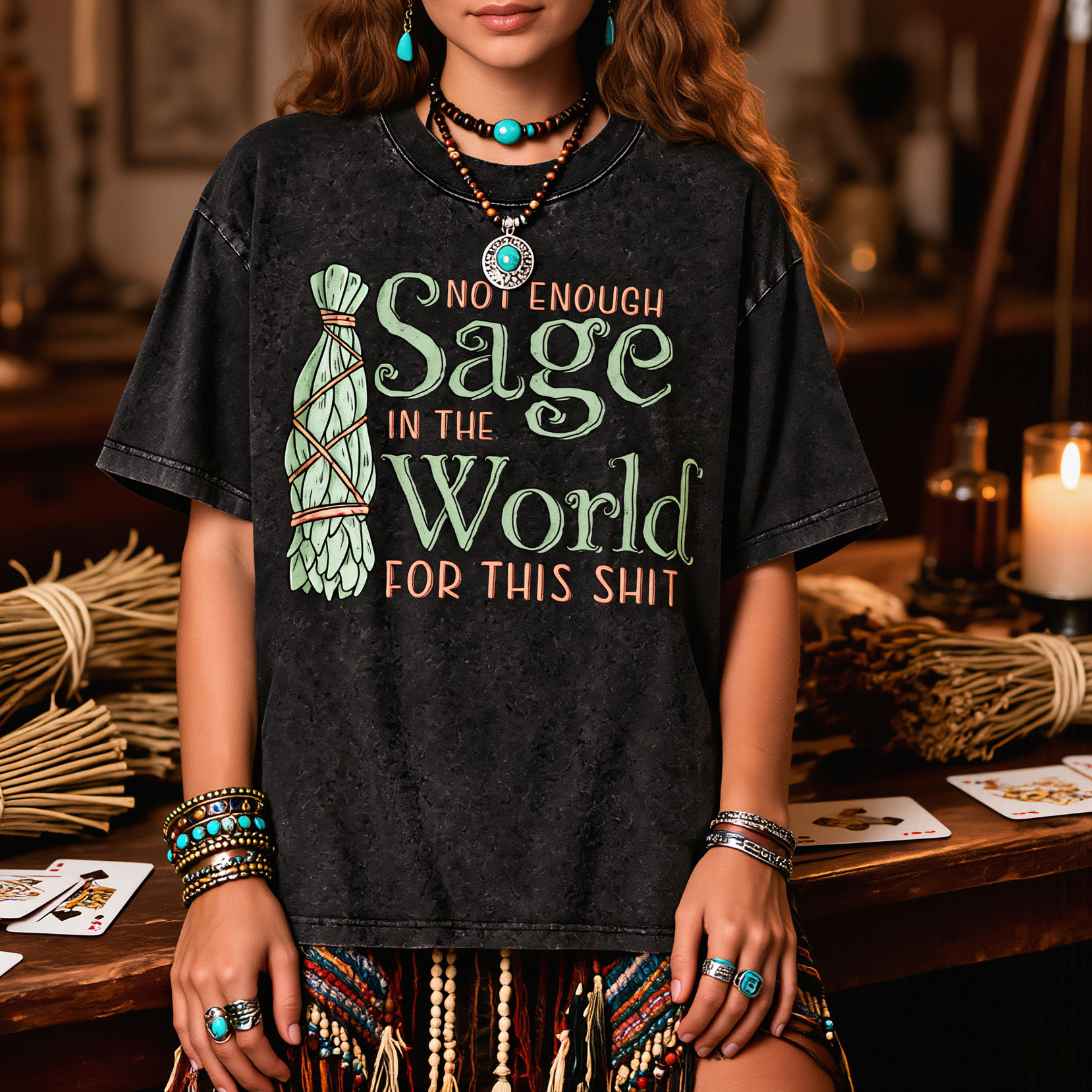 Moonnora Not Enough Sage In The World Funny Spiritual Graphic Tarot Card On Comfort Colors Washed T-Shirt