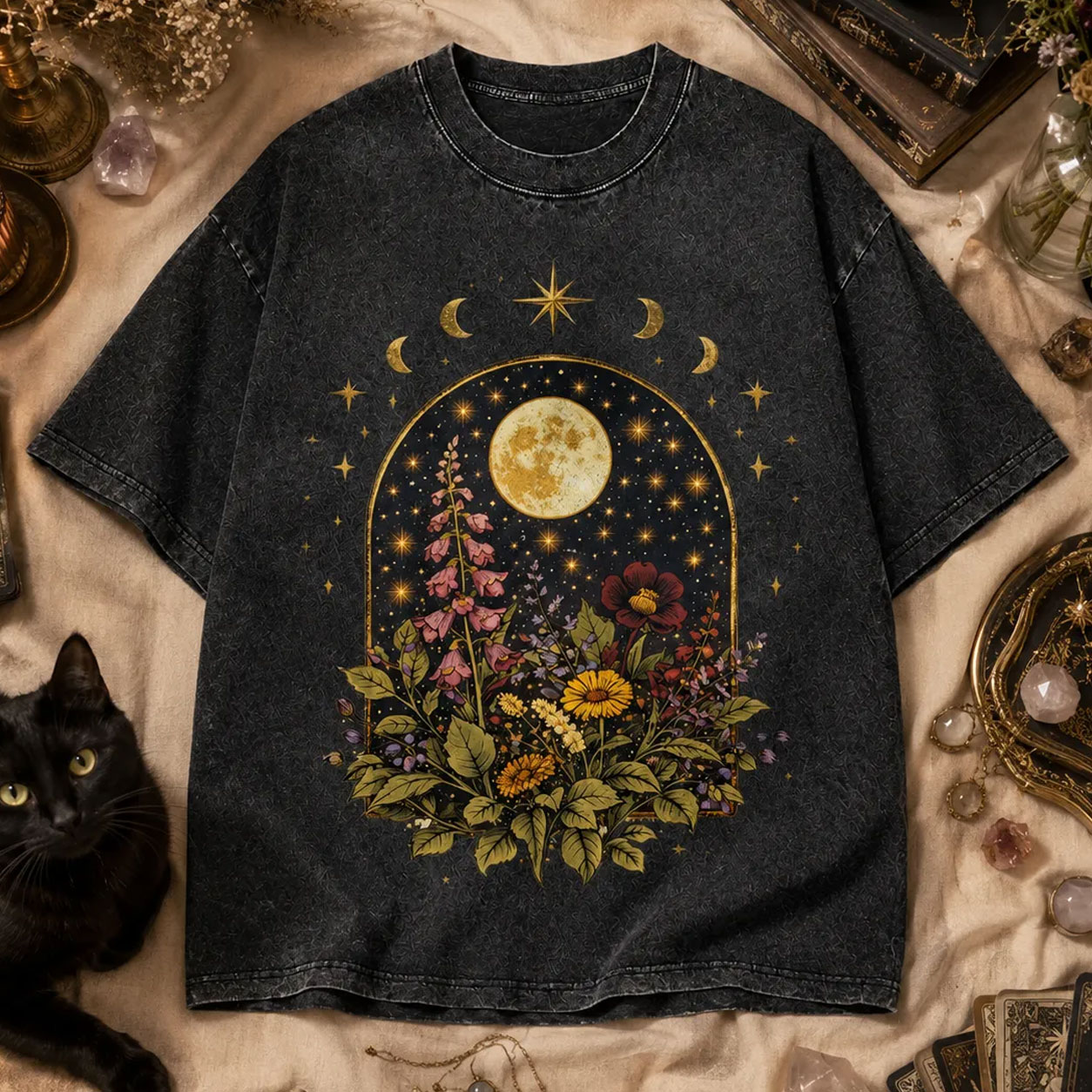 Moonnora Boho Celestial Moon Spiritual Floral Tarot Card On Comfort Colors Washed T-Shirt