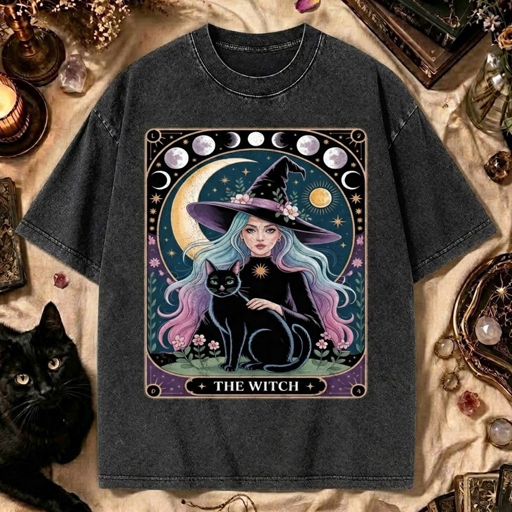 Moonnora The Witch Cat Gothic Halloween Tarot Card On Comfort Colors Washed T-Shirt