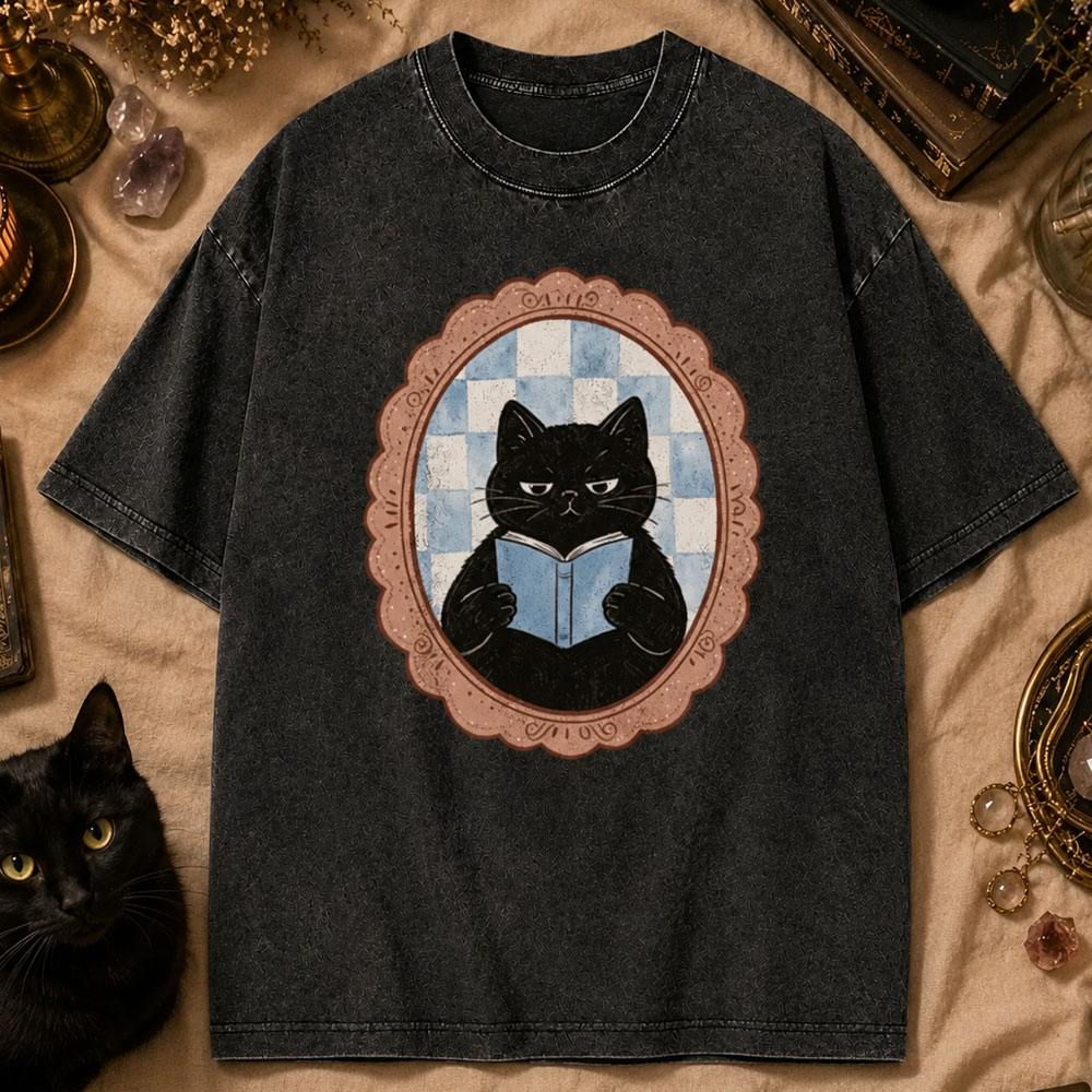 Moonnora Black Cat Washroom Reading Tarot Card On Comfort Colors Washed T-Shirt
