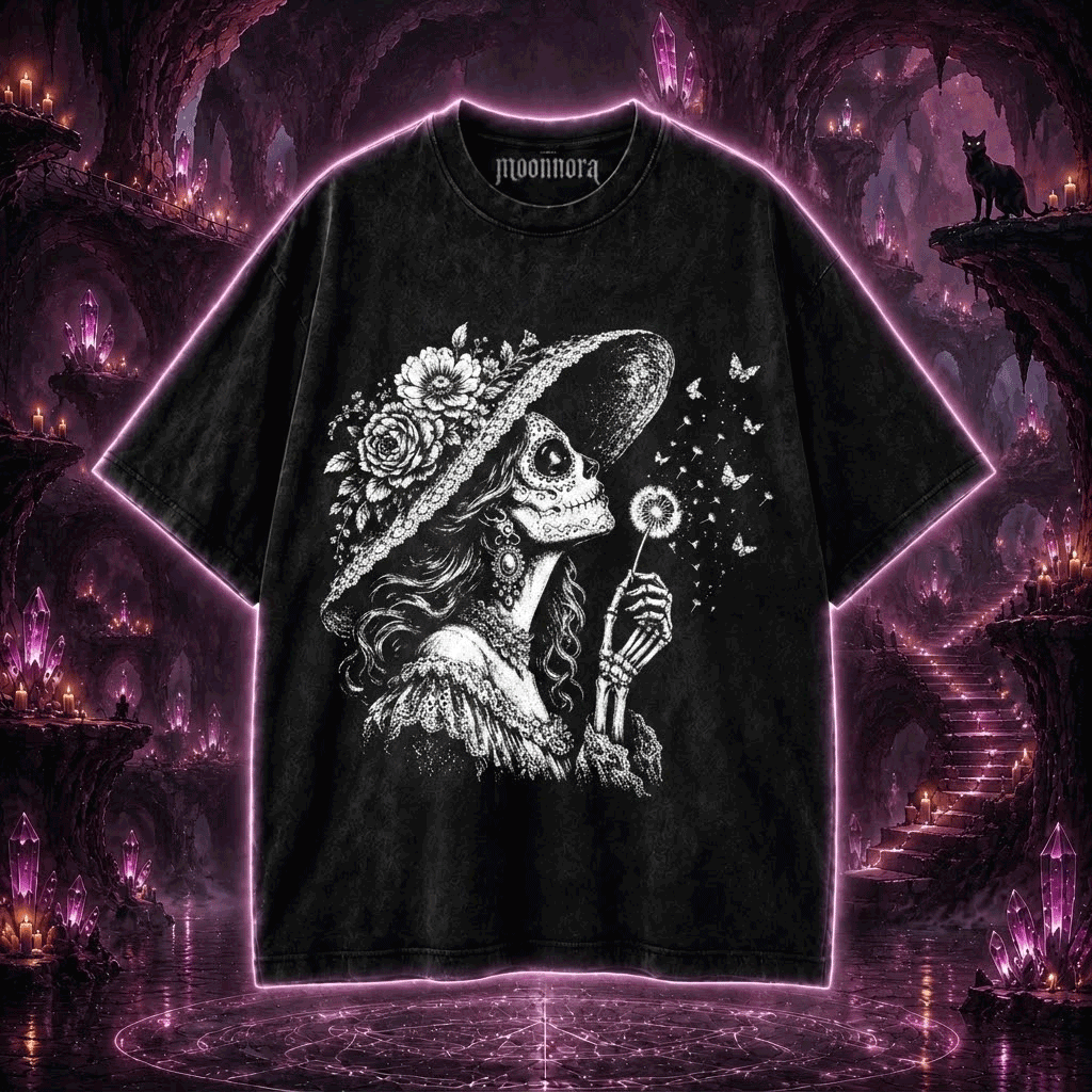 Moonnora Vintage Sugar Skull Blowing Wishes Dandelion Butterflies Washed T-Shirt