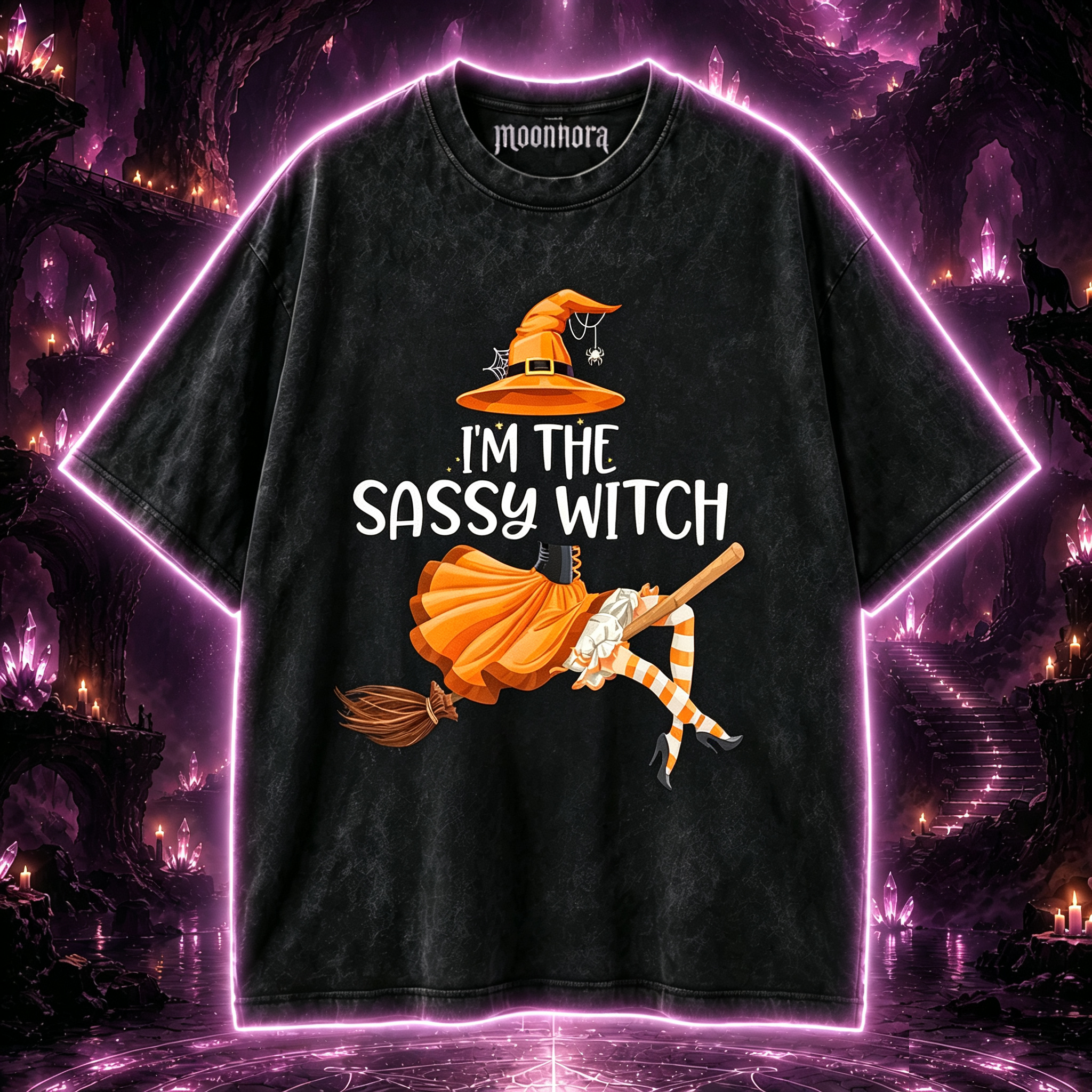Moonnora I'm The Sassy Witch Orange Hat Broom Striped Stockings Halloween Washed T-Shirt