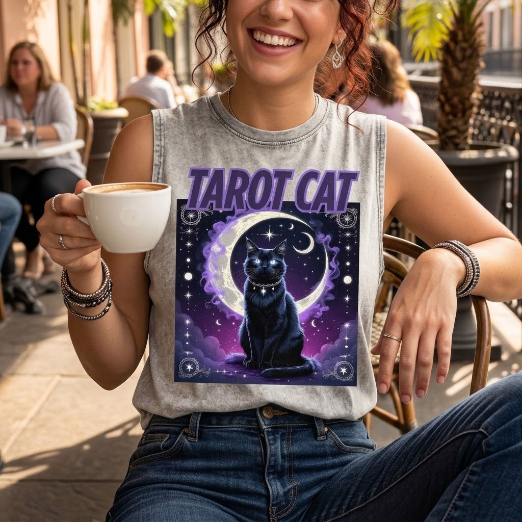 Moonnora Celestial Tarot Cat The Moon Reimagined Tarot Card On Comfort Colors Washed Tank