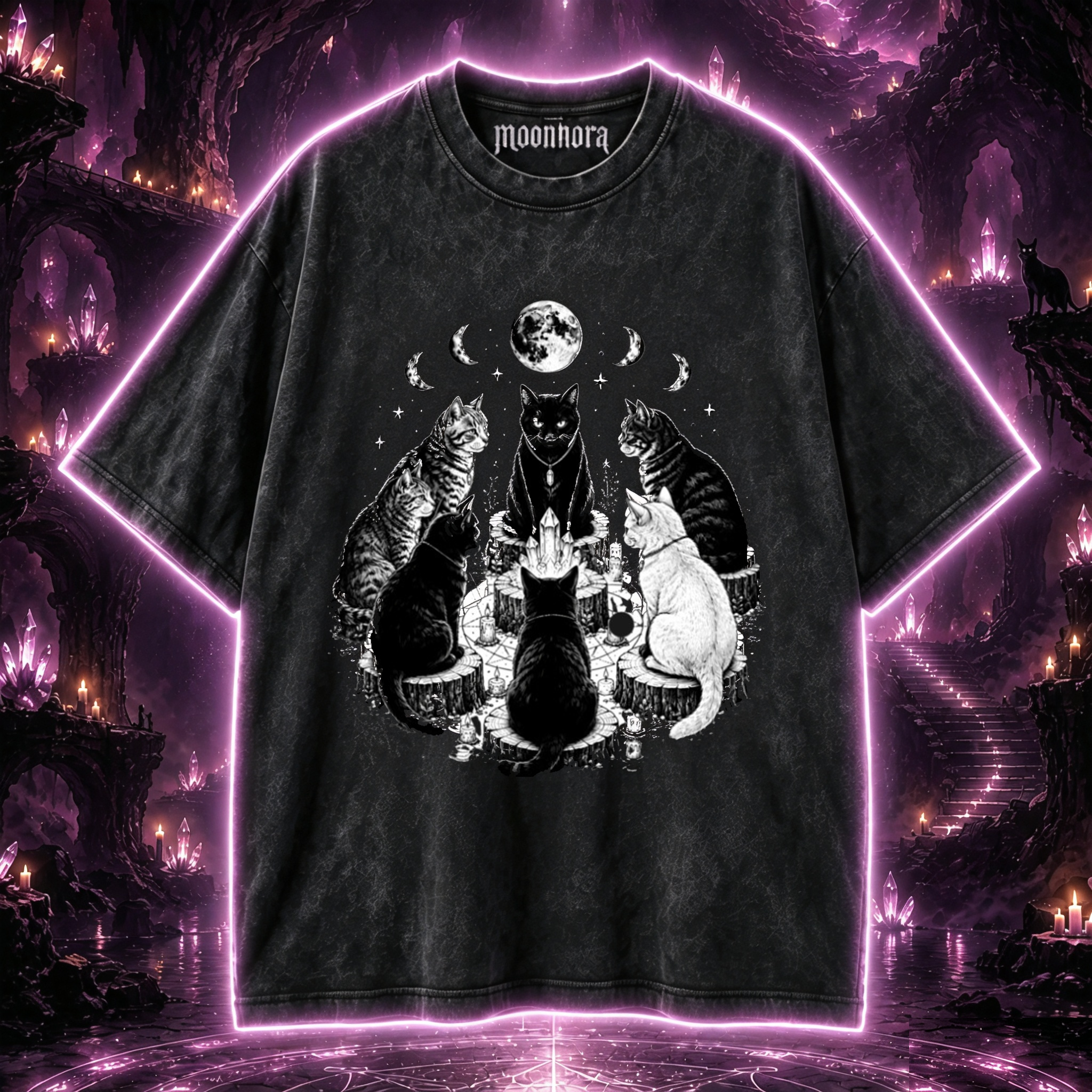 Moonnora Cat Coven Cat Ritual Witchcraft Pentagram Goth Washed T-Shirt