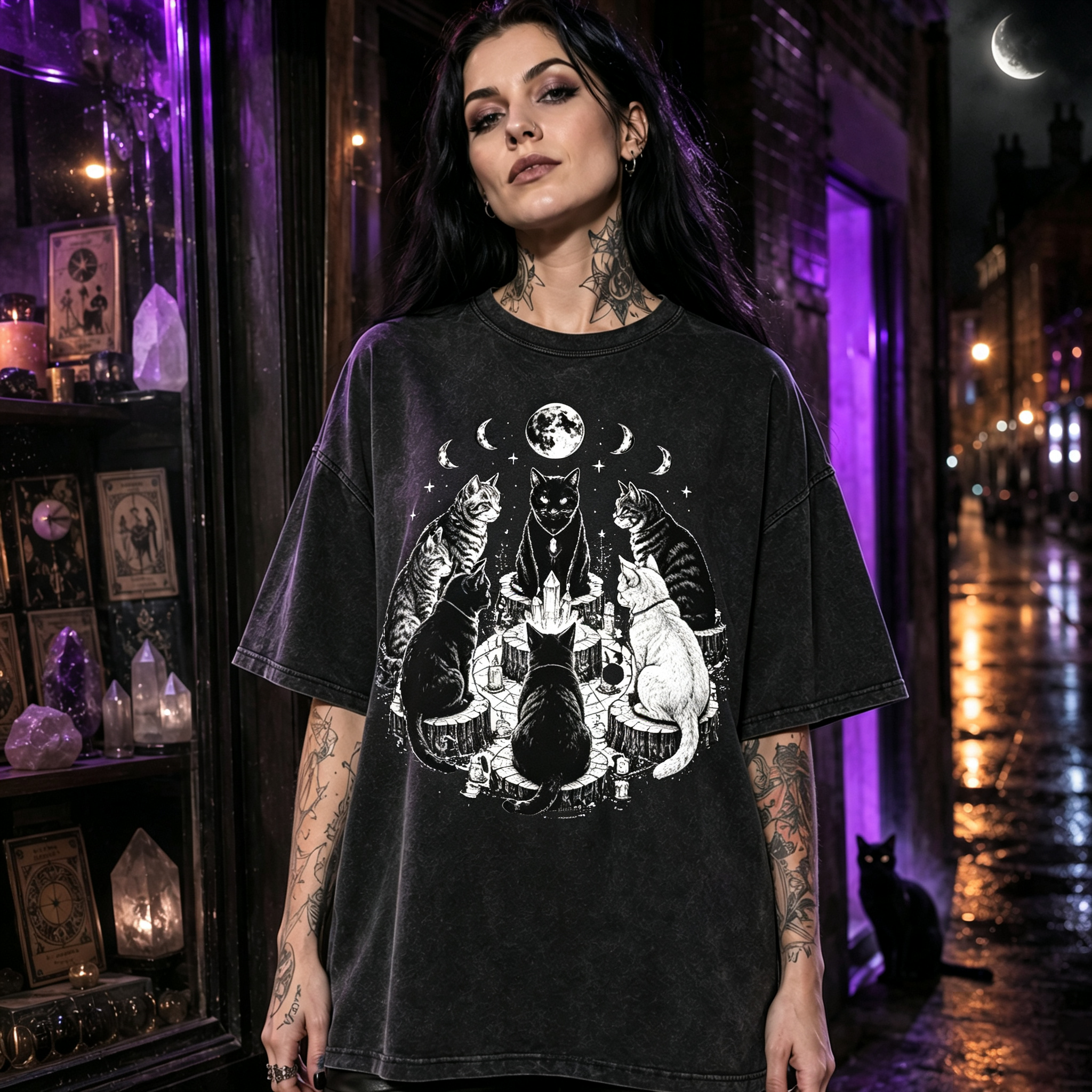 Moonnora Cat Coven Cat Ritual Witchcraft Pentagram Goth Washed T-Shirt
