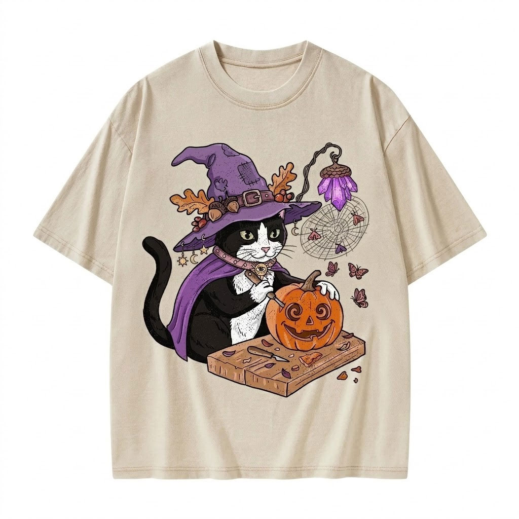 Moonnora Pumpkin Carving Witch Cat Washed T-Shirt