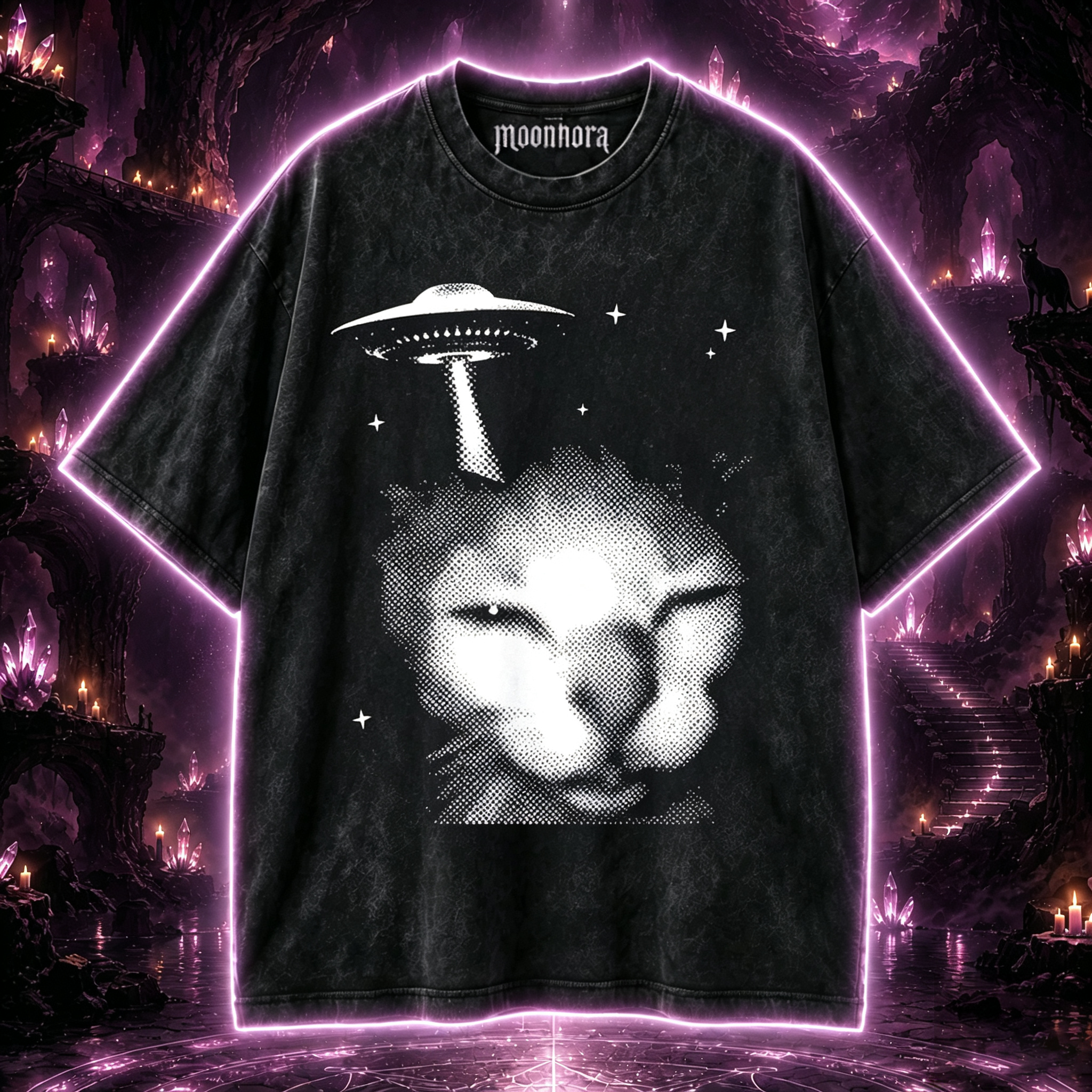 Moonnora Alien Cat Meme UFO Vintage Washed T-Shirt