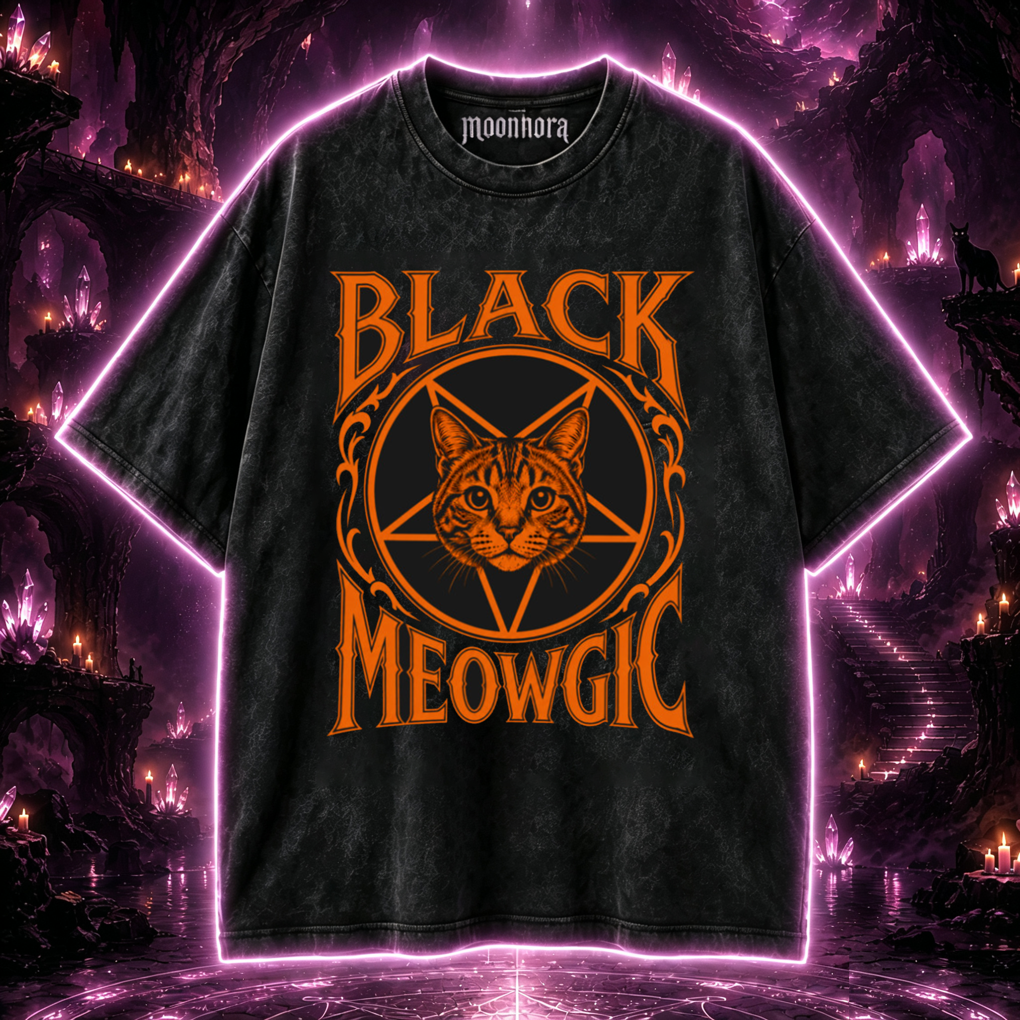 Moonnora Black Meowgic Cat Pentagram Washed T-Shirt