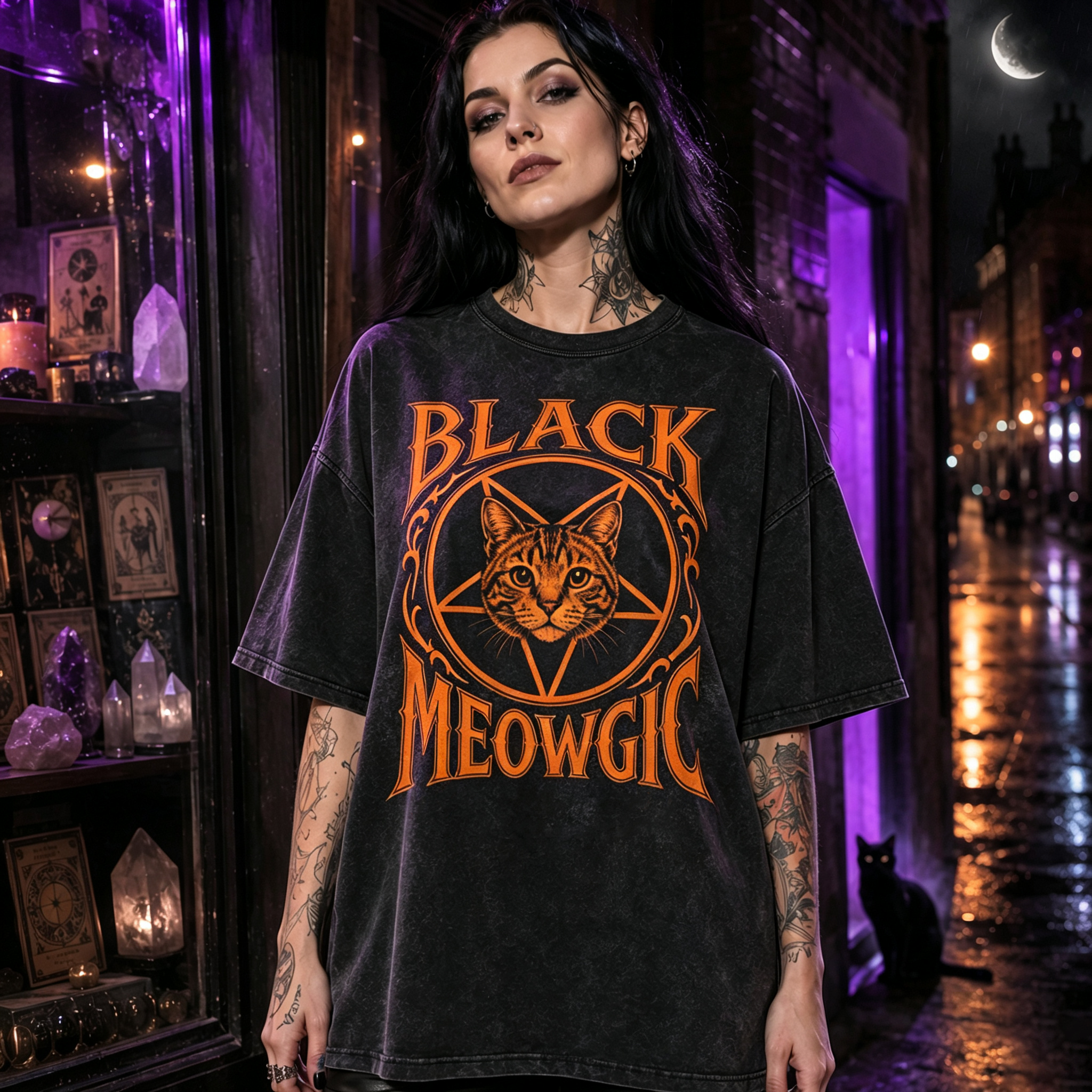 Moonnora Black Meowgic Cat Pentagram Washed T-Shirt