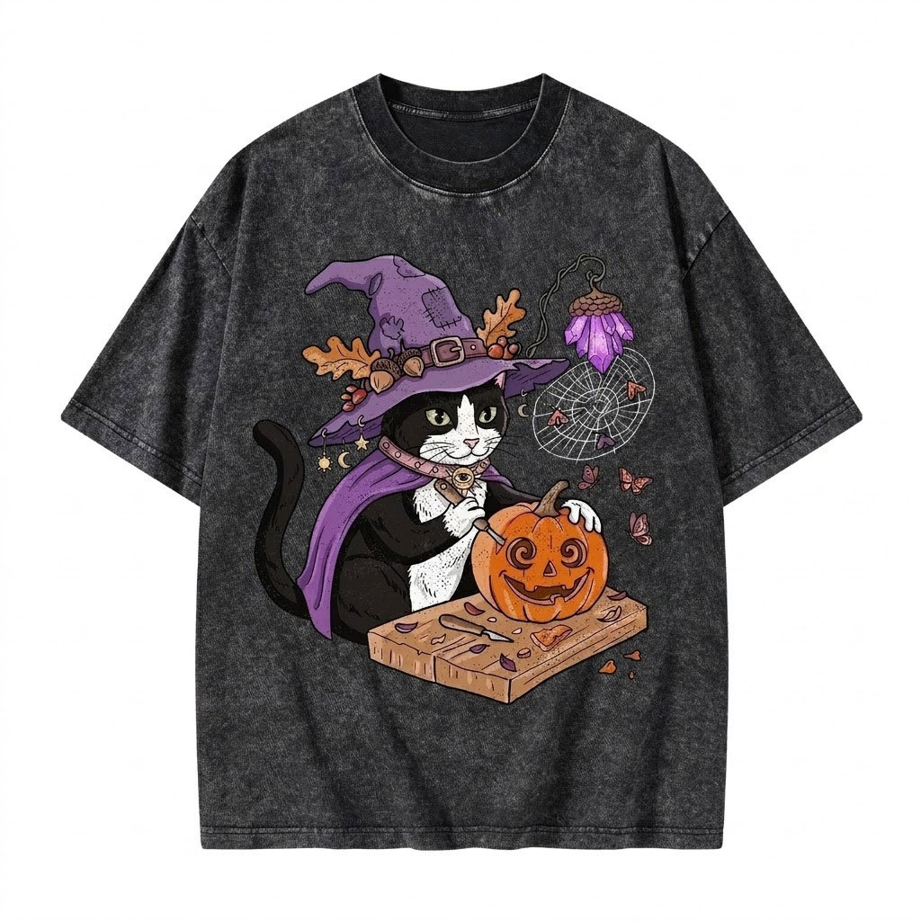 Moonnora Pumpkin Carving Witch Cat Washed T-Shirt