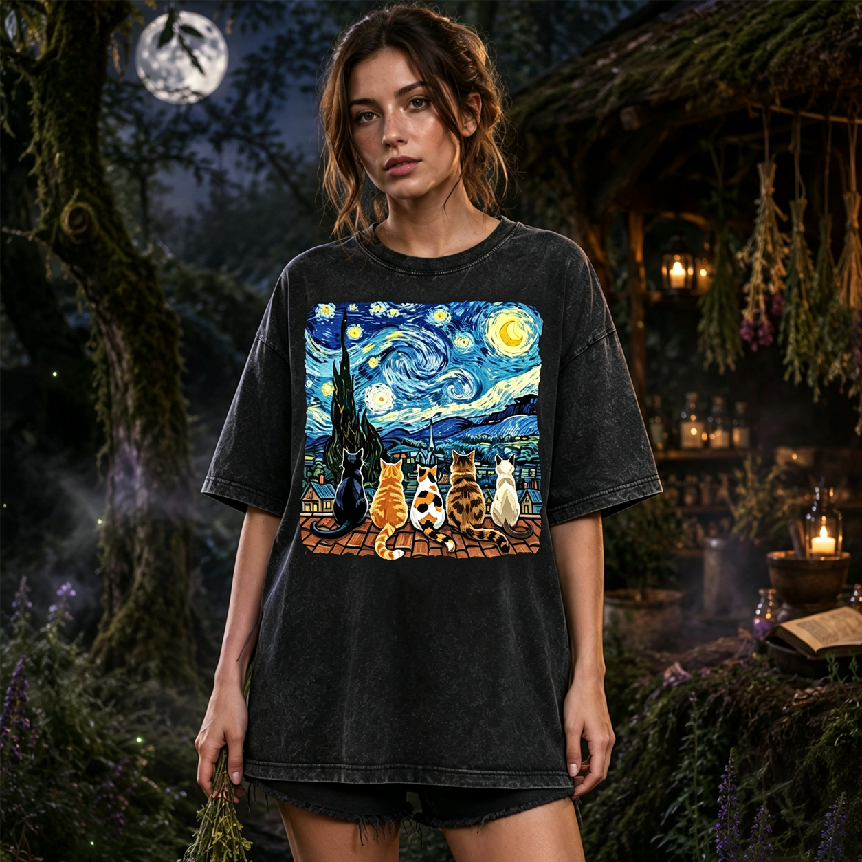 Moonnora Cats Starry Night Painting Washed T-Shirt