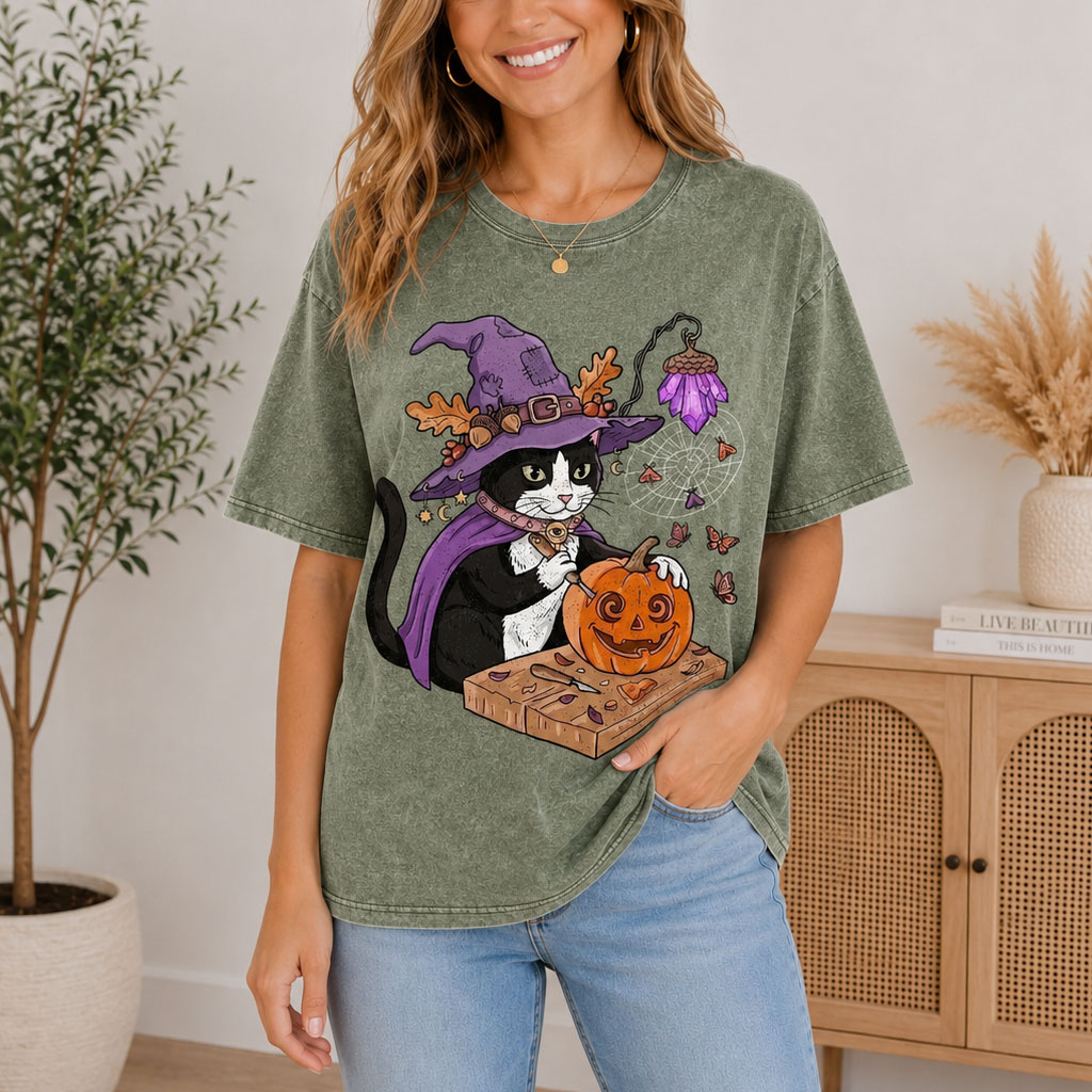 Moonnora Pumpkin Carving Witch Cat Washed T-Shirt