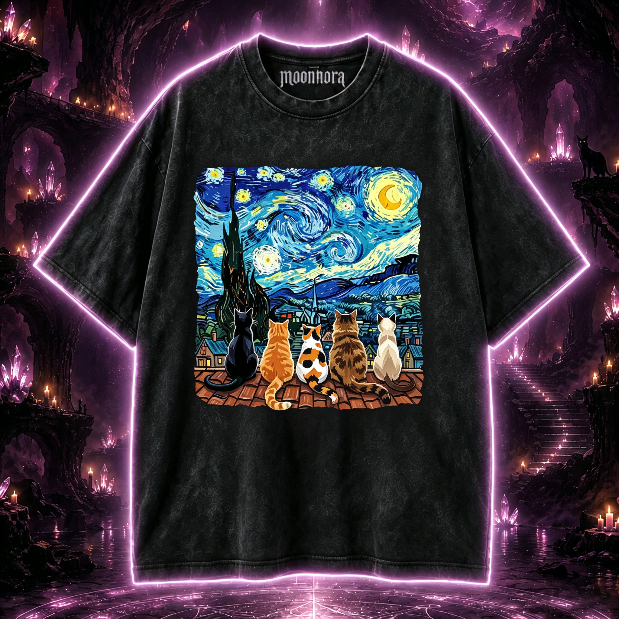 Moonnora Cats Starry Night Painting Washed T-Shirt