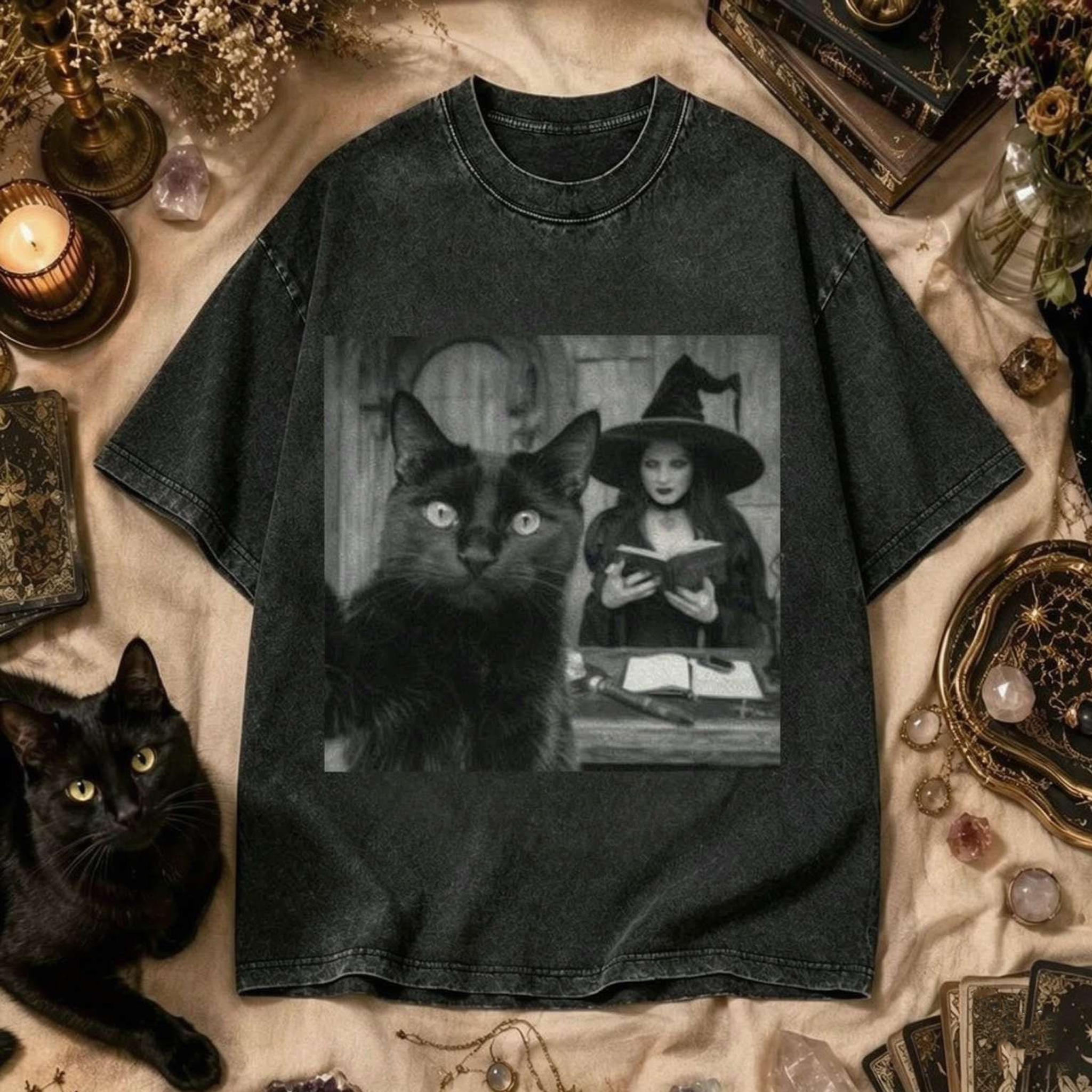 Moonnora Witch and Black Cat Selfie Halloween Washed T-Shirt