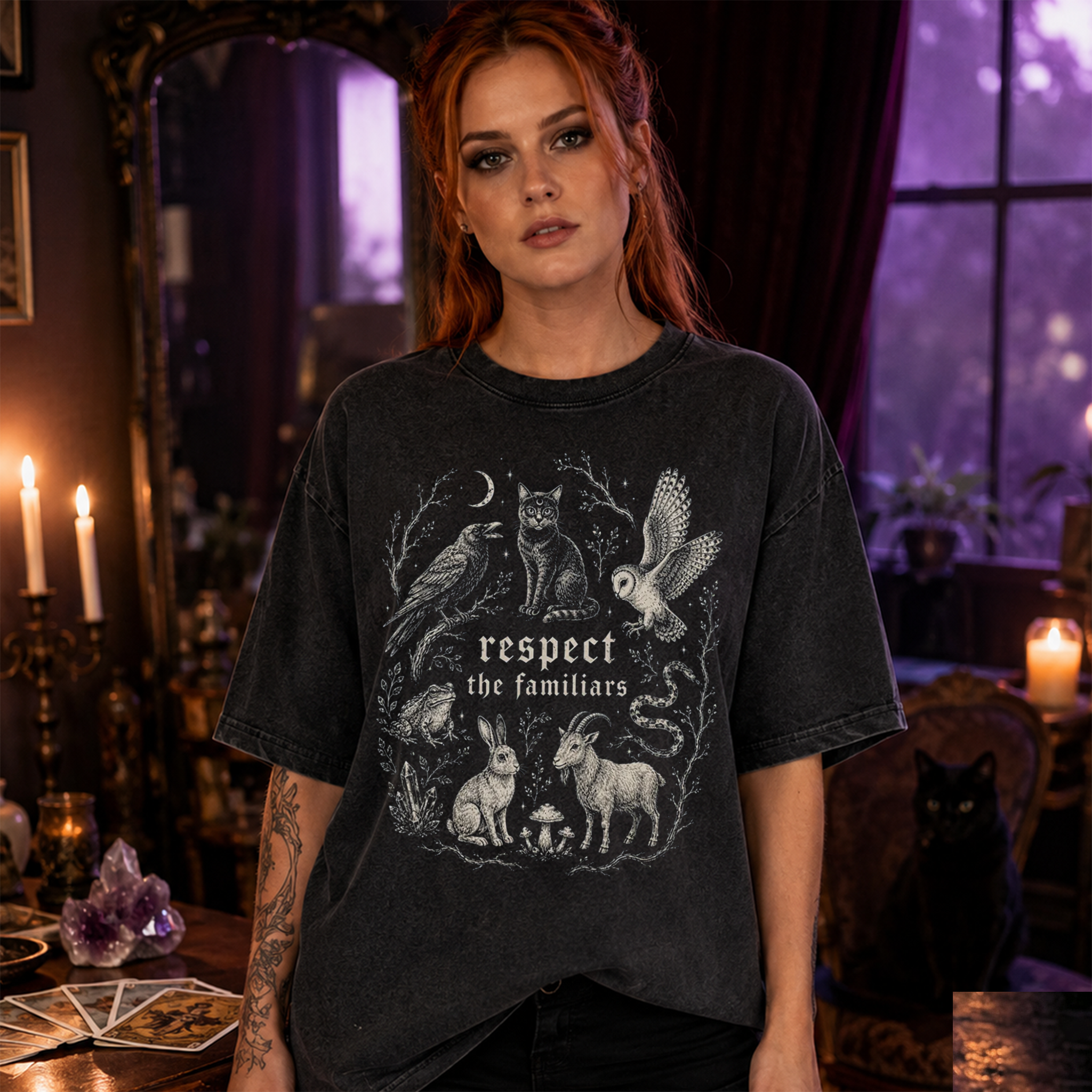 Moonnora Respect the Familiars Shirt Witchy Animal Familiar Washed T-Shirt