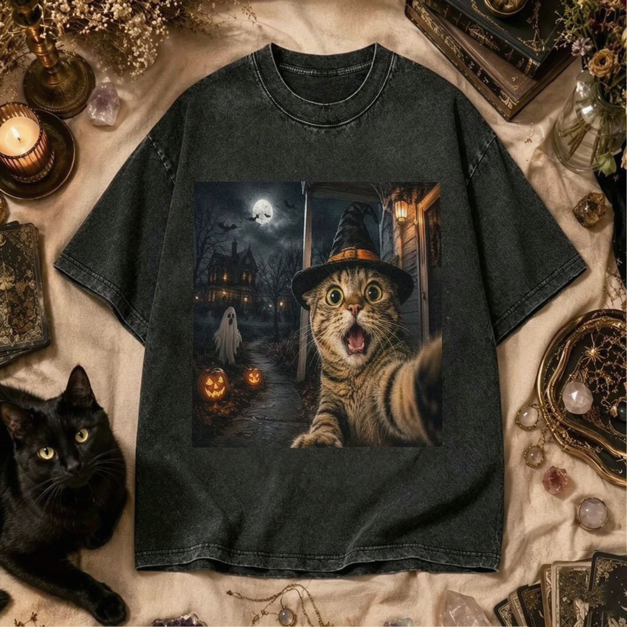 Moonnora Funny Cat Selfie Spooky Witch Cat Washed T-Shirt