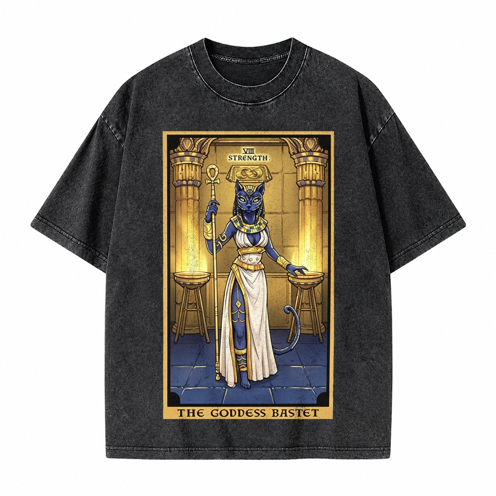 Moonnora The Goddess Bastet Strength Tarot Card On Comfort Colors Washed T-Shirt