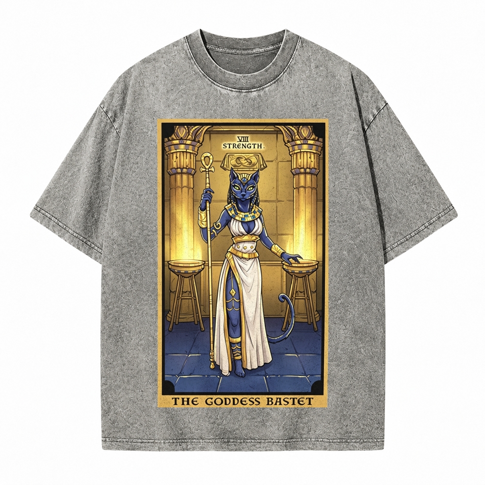 Moonnora The Goddess Bastet Strength Tarot Card On Comfort Colors Washed T-Shirt