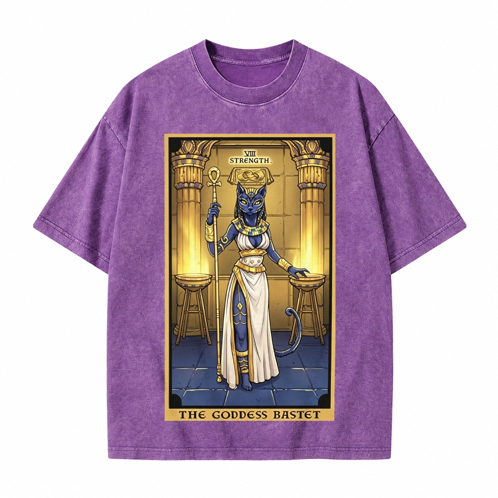 Moonnora The Goddess Bastet Strength Tarot Card On Comfort Colors Washed T-Shirt