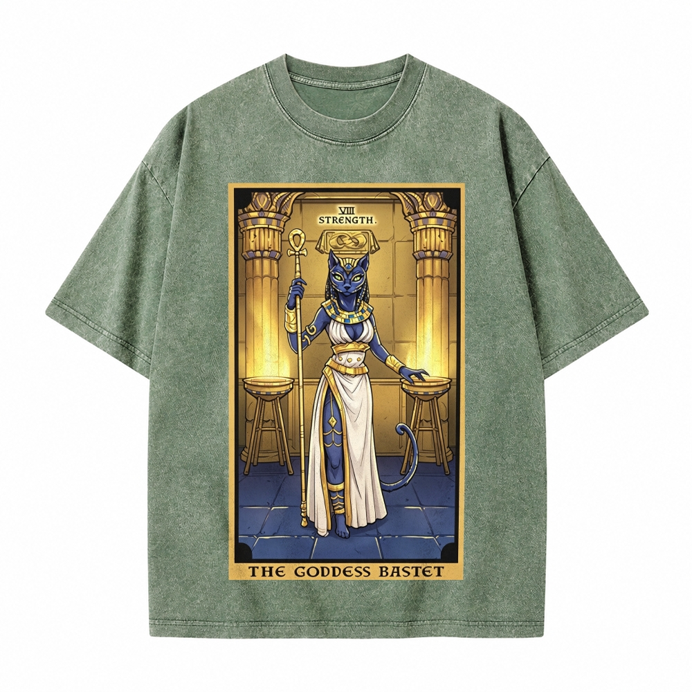 Moonnora The Goddess Bastet Strength Tarot Card On Comfort Colors Washed T-Shirt