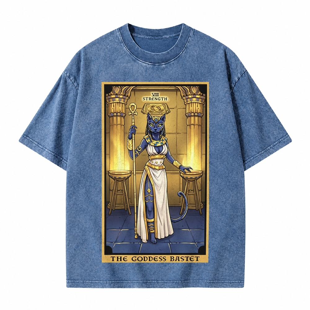 Moonnora The Goddess Bastet Strength Tarot Card On Comfort Colors Washed T-Shirt