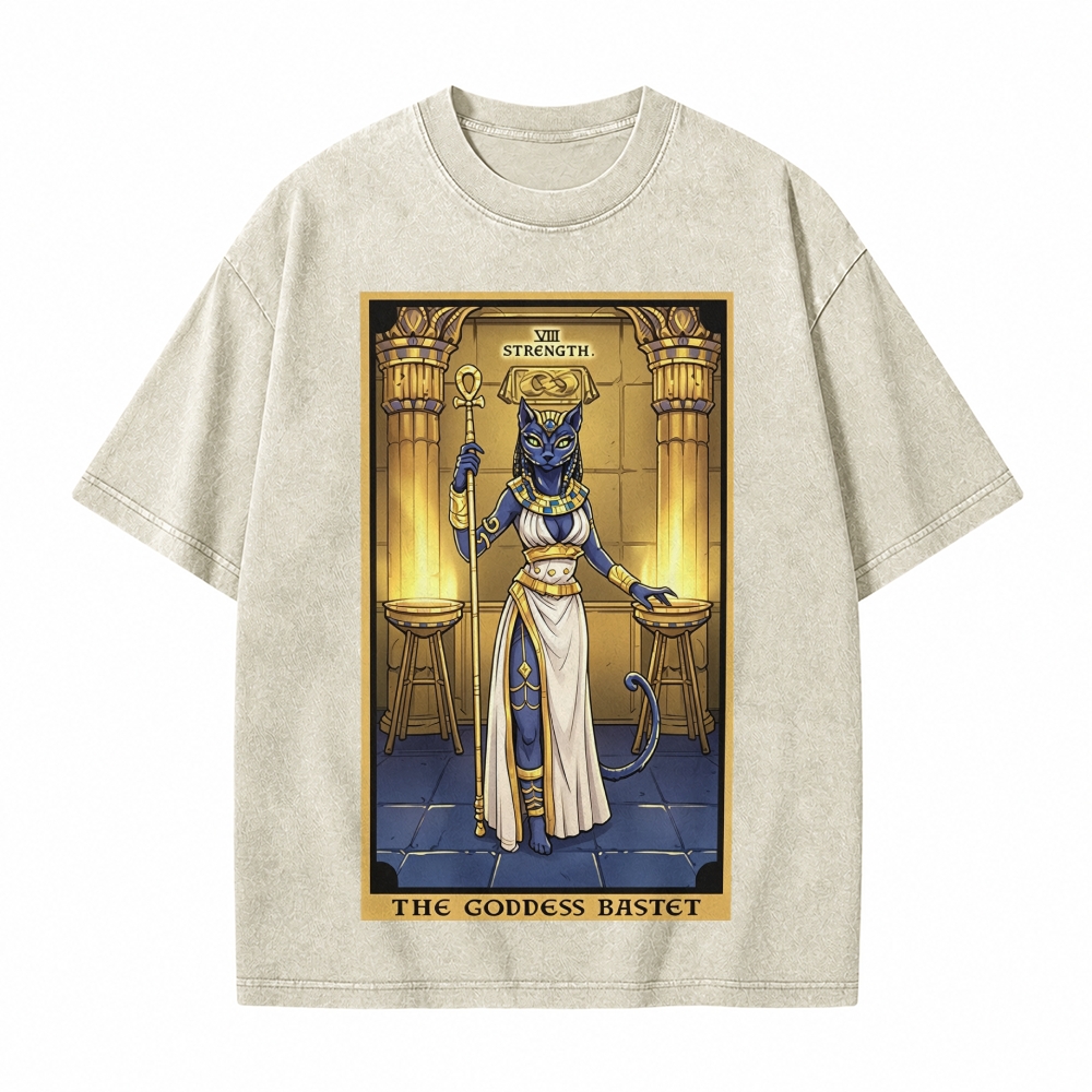 Moonnora The Goddess Bastet Strength Tarot Card On Comfort Colors Washed T-Shirt