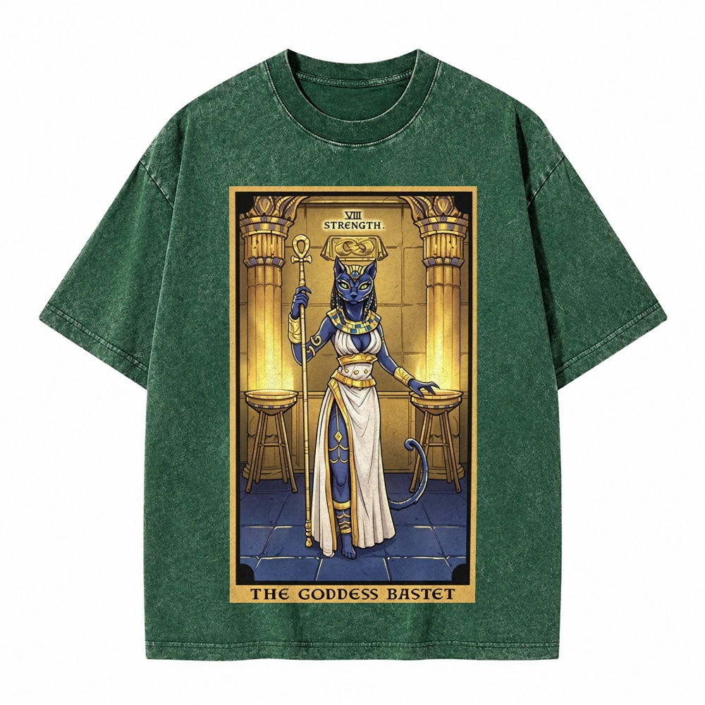 Moonnora The Goddess Bastet Strength Tarot Card On Comfort Colors Washed T-Shirt