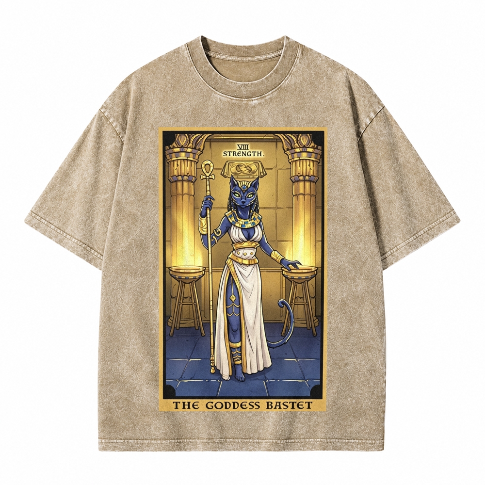 Moonnora The Goddess Bastet Strength Tarot Card On Comfort Colors Washed T-Shirt
