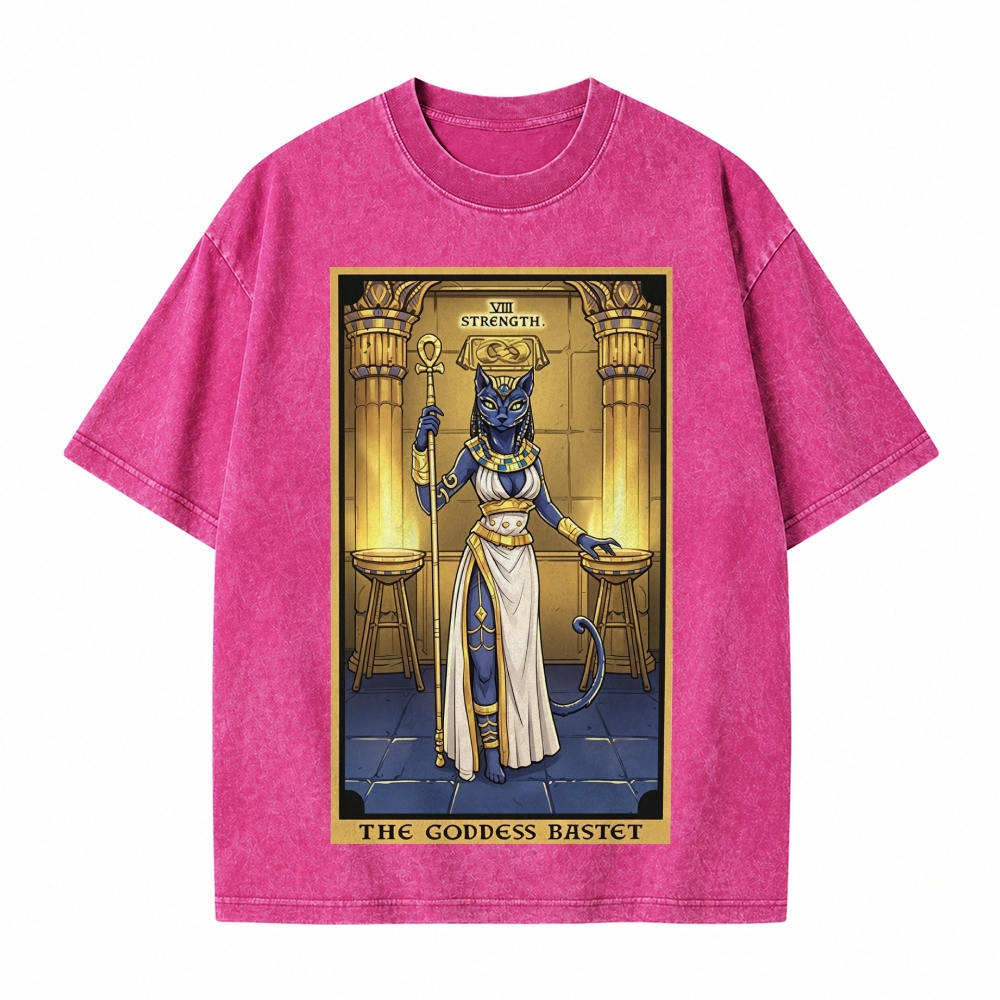 Moonnora The Goddess Bastet Strength Tarot Card On Comfort Colors Washed T-Shirt