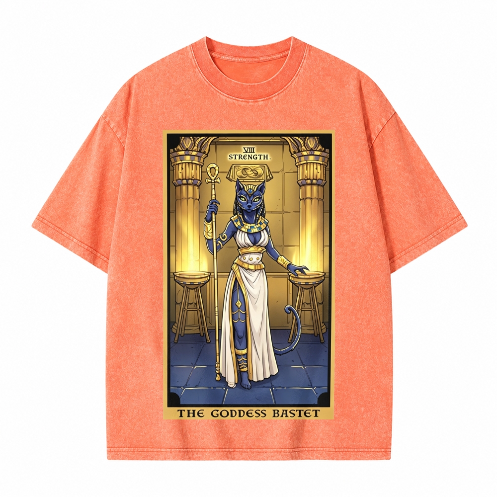 Moonnora The Goddess Bastet Strength Tarot Card On Comfort Colors Washed T-Shirt