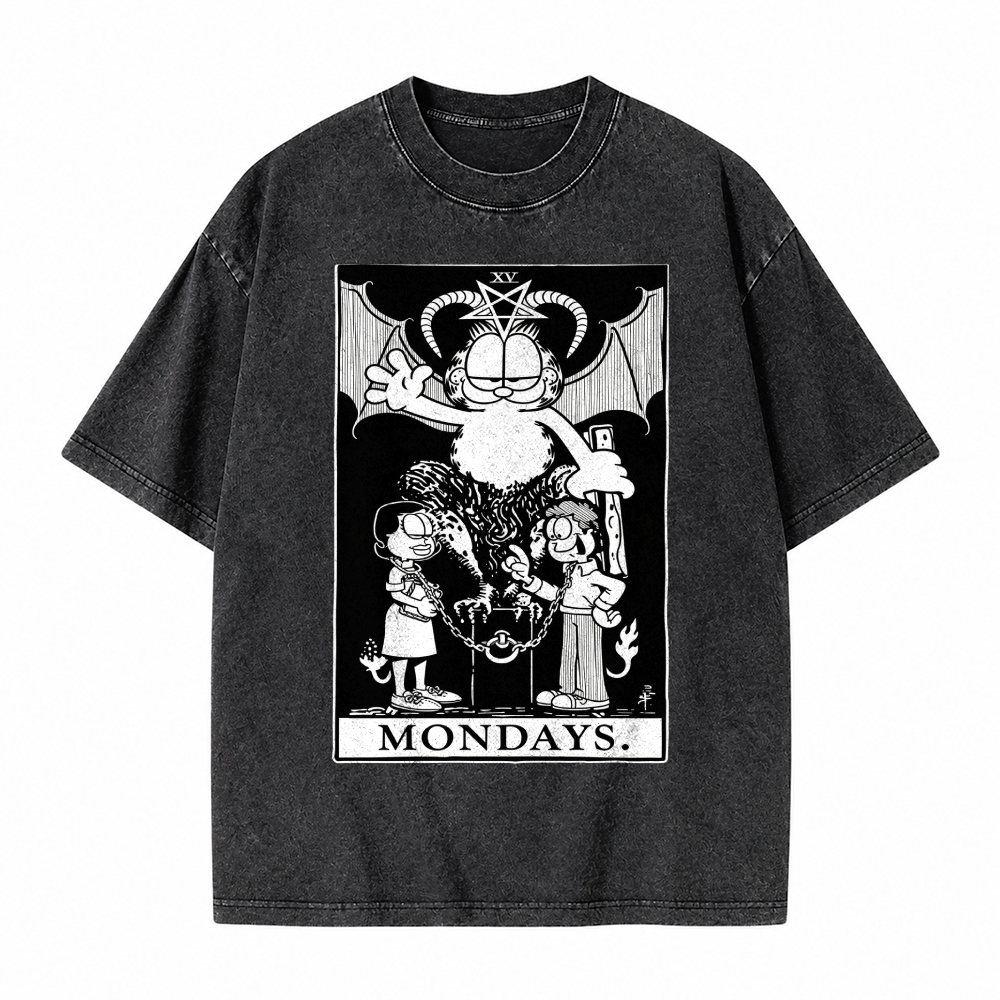 Moonnora The Devil Funny Lazy Cat Occult Meme Mondays Tarot Card On Comfort Colors Washed T-Shirt