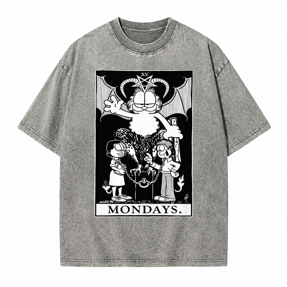 Moonnora The Devil Funny Lazy Cat Occult Meme Mondays Tarot Card On Comfort Colors Washed T-Shirt