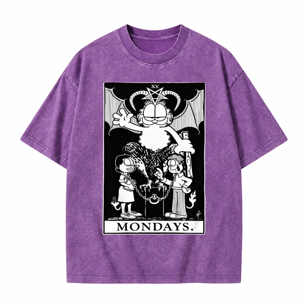 Moonnora The Devil Funny Lazy Cat Occult Meme Mondays Tarot Card On Comfort Colors Washed T-Shirt