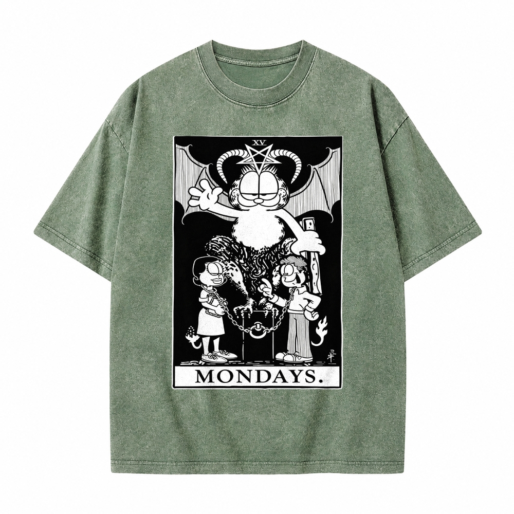 Moonnora The Devil Funny Lazy Cat Occult Meme Mondays Tarot Card On Comfort Colors Washed T-Shirt