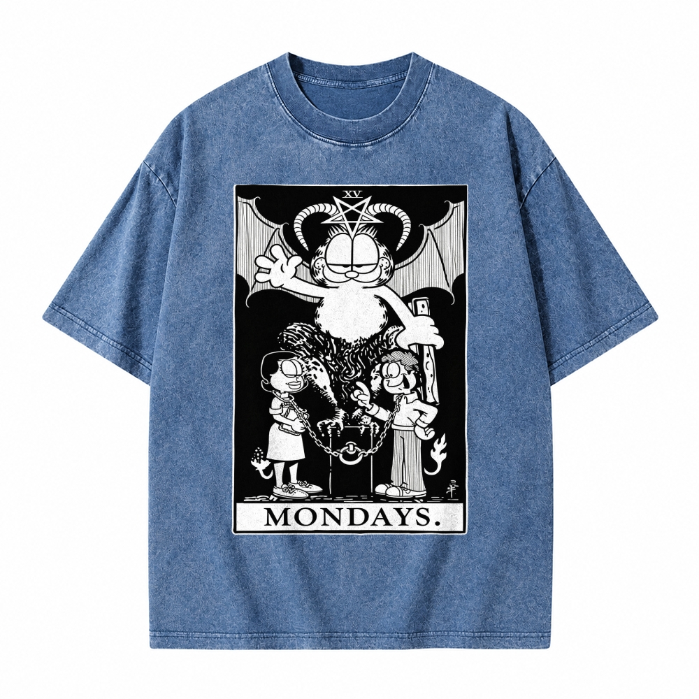 Moonnora The Devil Funny Lazy Cat Occult Meme Mondays Tarot Card On Comfort Colors Washed T-Shirt