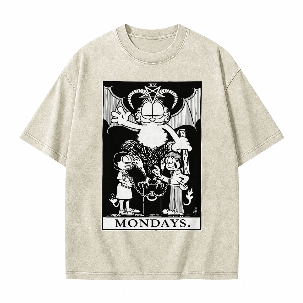 Moonnora The Devil Funny Lazy Cat Occult Meme Mondays Tarot Card On Comfort Colors Washed T-Shirt