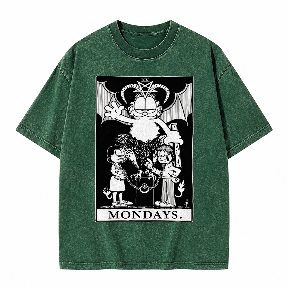 Moonnora The Devil Funny Lazy Cat Occult Meme Mondays Tarot Card On Comfort Colors Washed T-Shirt