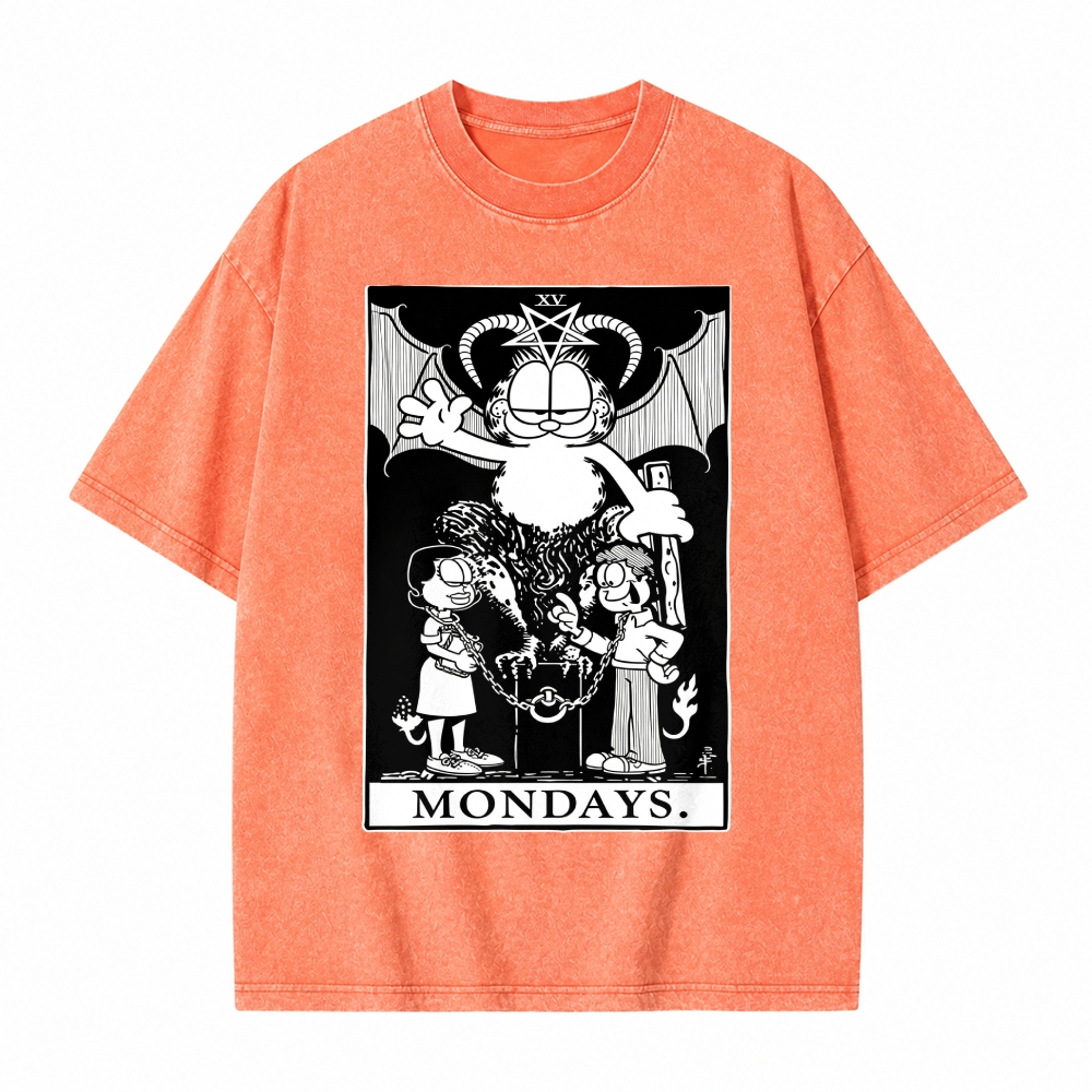 Moonnora The Devil Funny Lazy Cat Occult Meme Mondays Tarot Card On Comfort Colors Washed T-Shirt