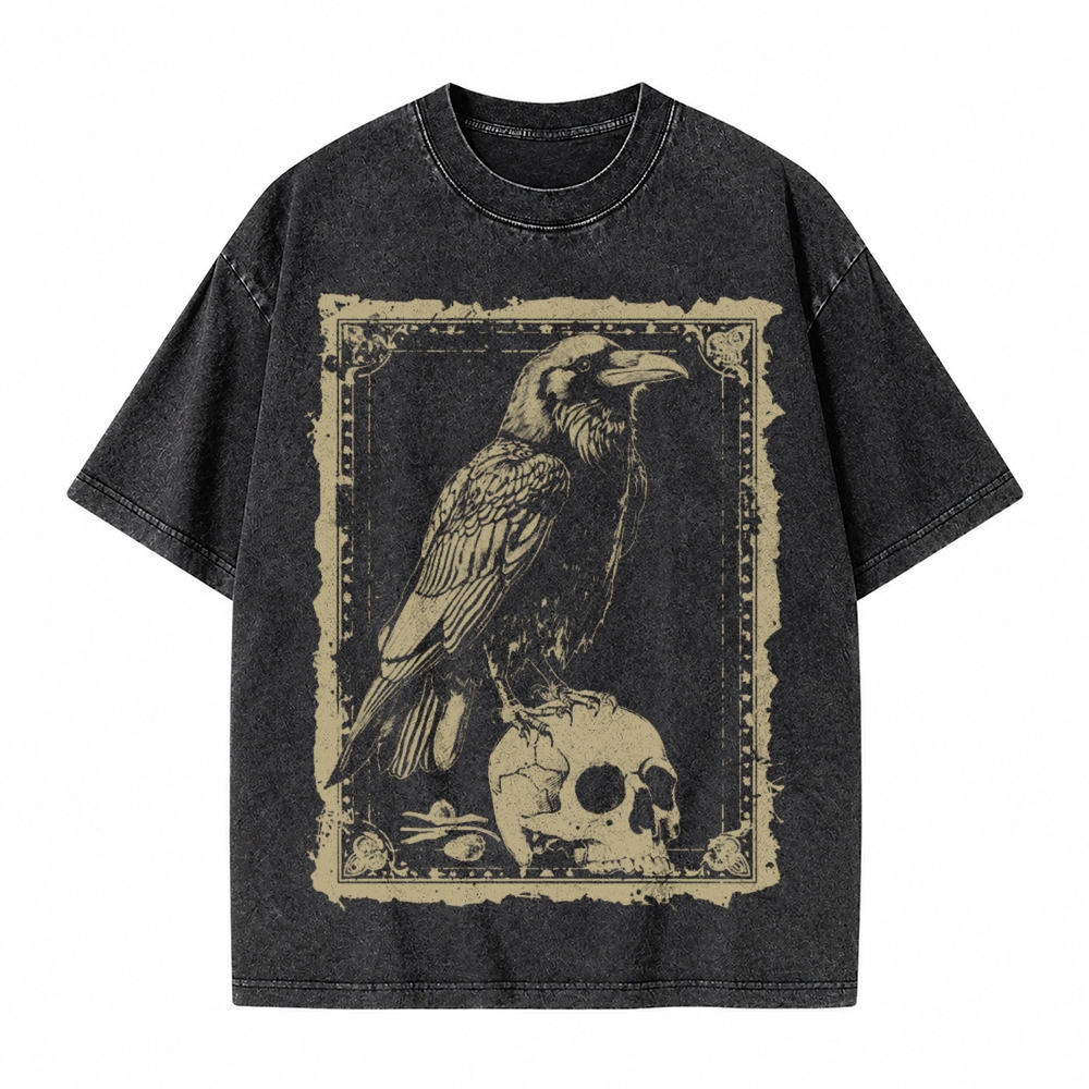 Moonnora Raven Antiqued Treatment Tarot Card On Comfort Colors Washed T-Shirt