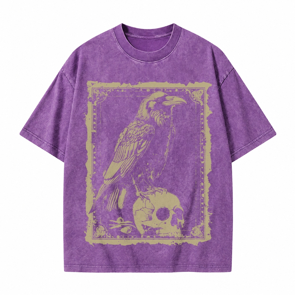 Moonnora Raven Antiqued Treatment Tarot Card On Comfort Colors Washed T-Shirt